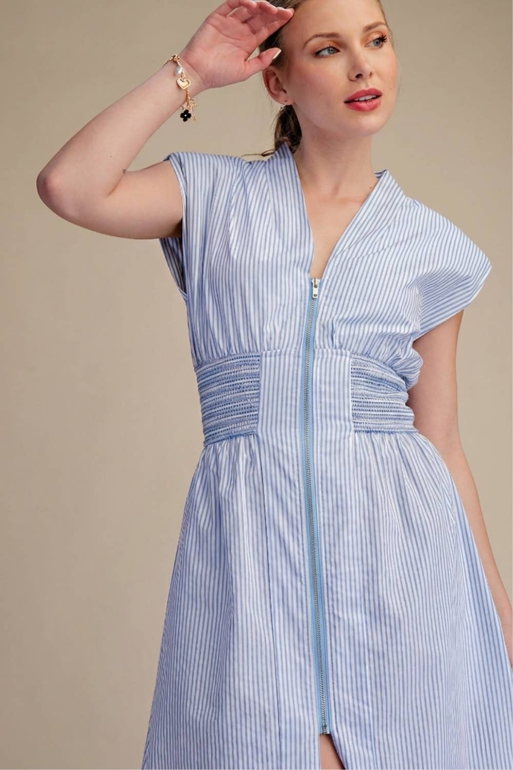 V-Neck Front Zip Waist Smocked Casual Midi Dress