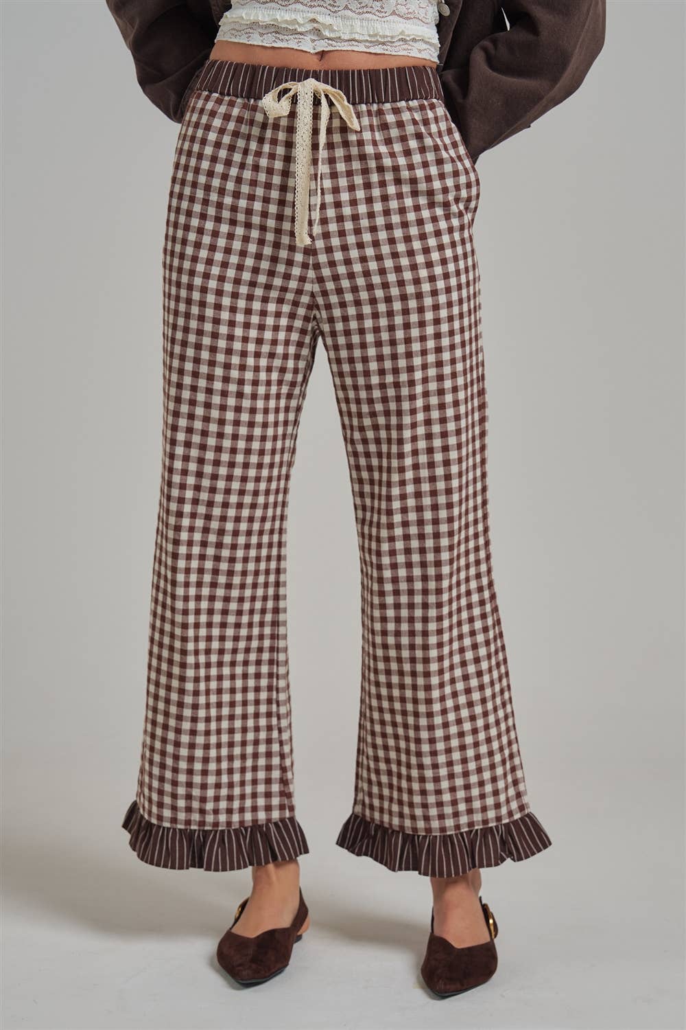 GINGHAM CHECK ELASTIC WAIST PANTS WITH LACE DRASTRING