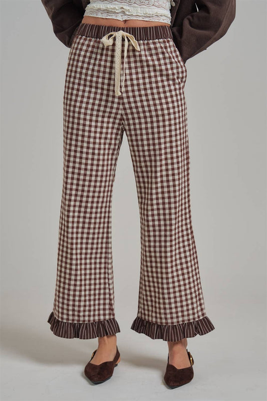 GINGHAM CHECK ELASTIC WAIST PANTS WITH LACE DRASTRING