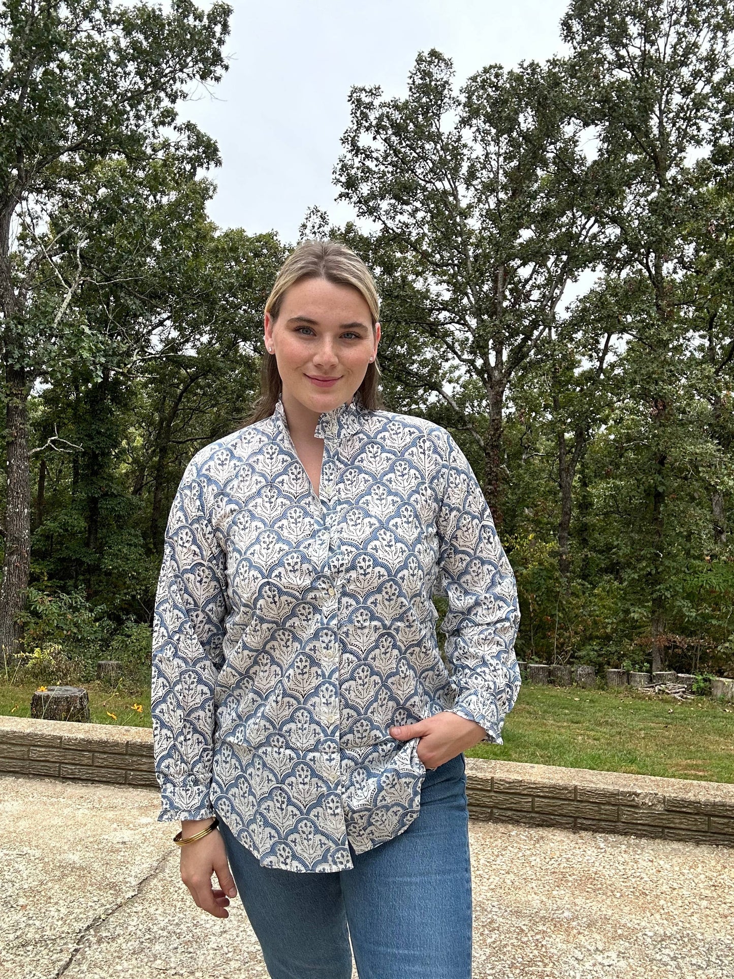 Women's Floral Block Print Ruffle Collar Button Down Blouse