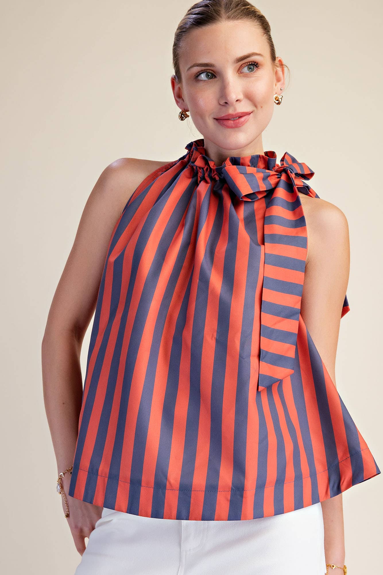 Ruffle Neck Tie Sleeveless Stripe Top