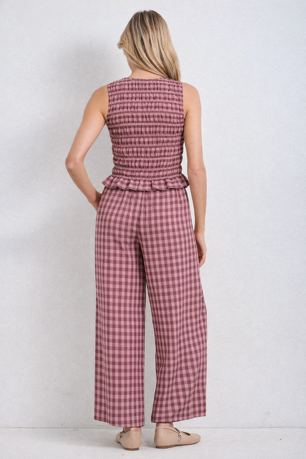 GINGHAM PRINT DRAWSTRING PANTS