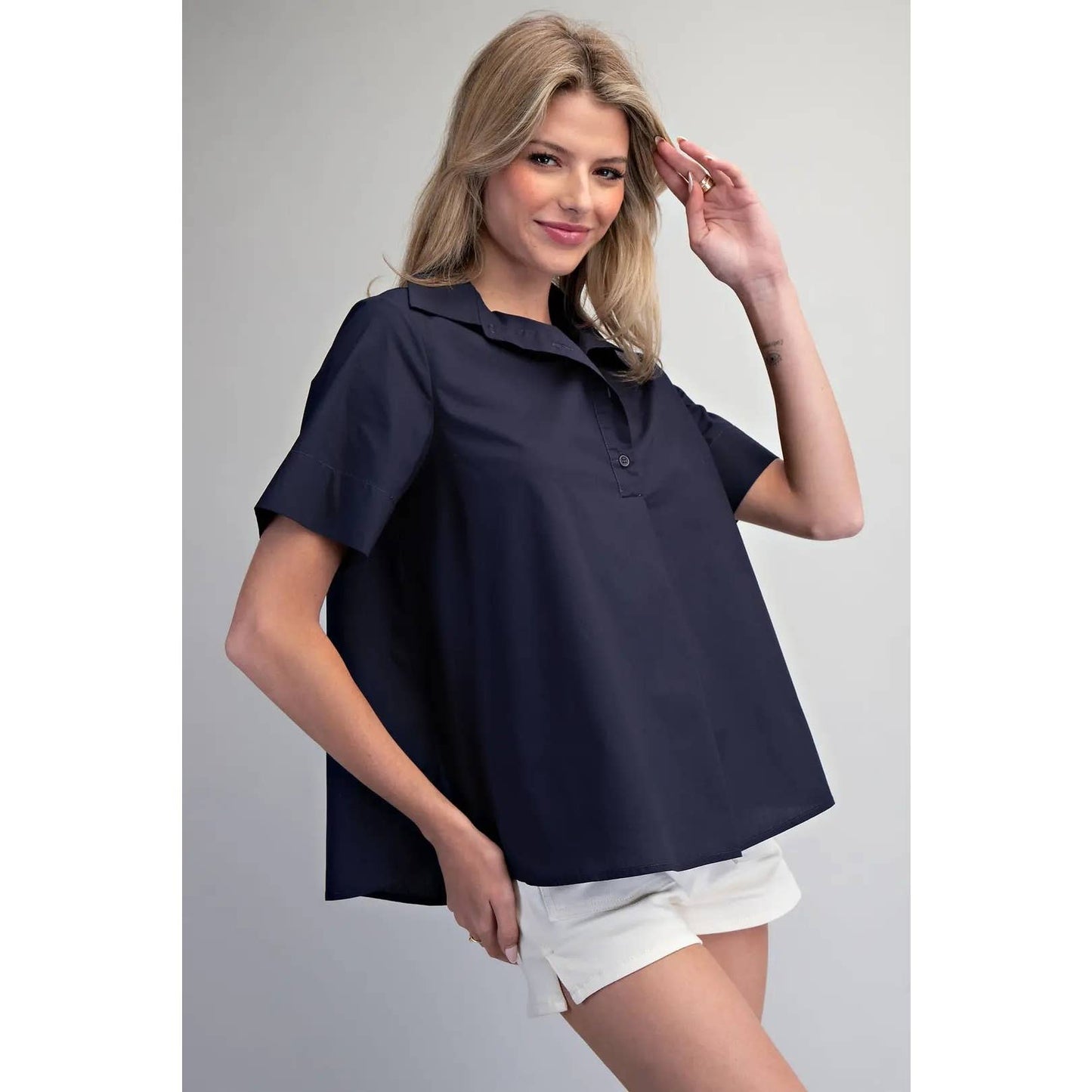 NEW Solid Collared Short Sleeve Blouse