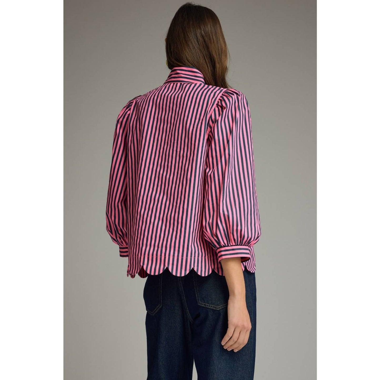 NEW Stripe self-tie neck 3/4 puff sleeve top