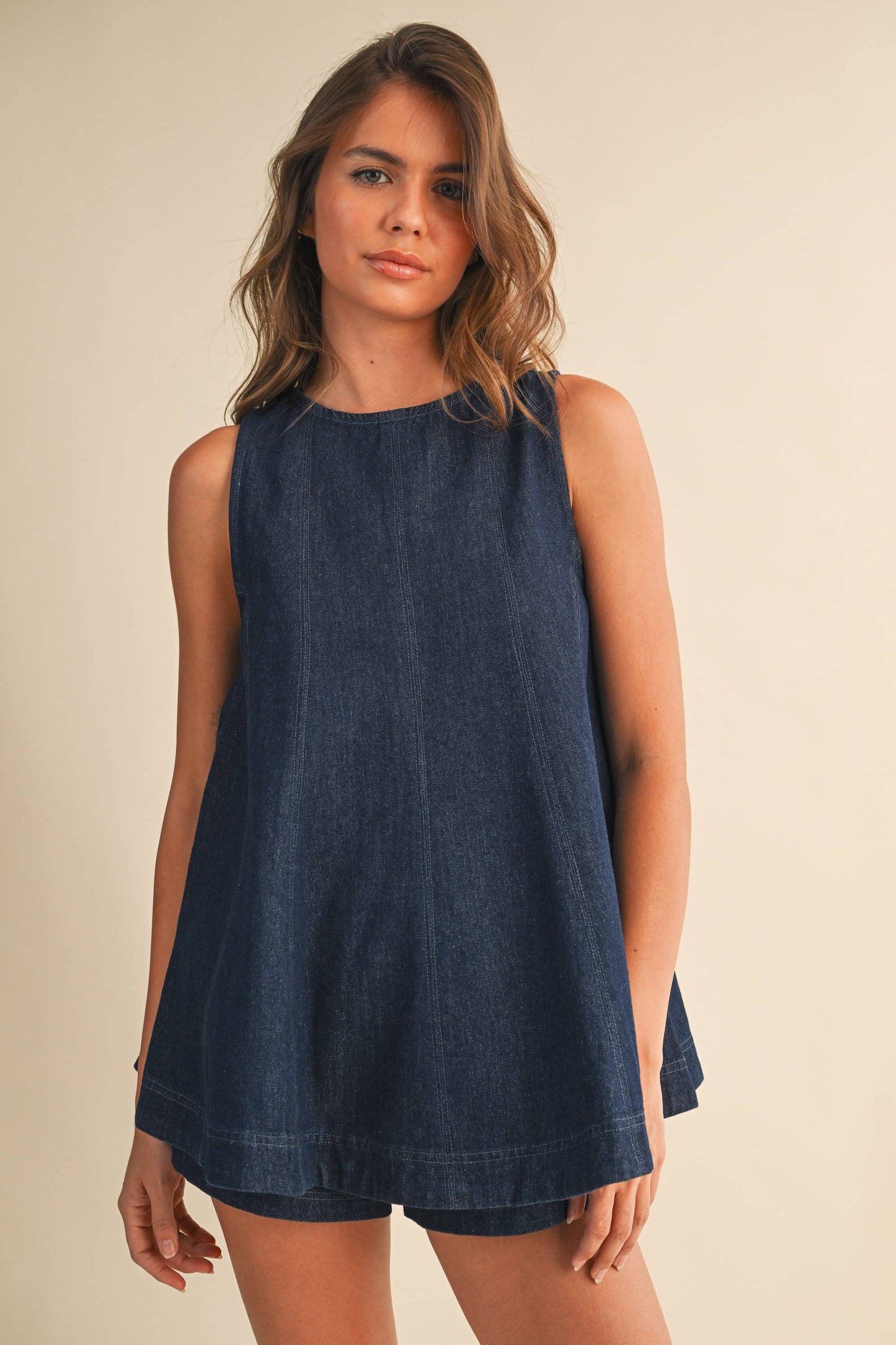 IST6095 DENIM LONGLINE SLEEVELESS TOP AND SHORTS SET