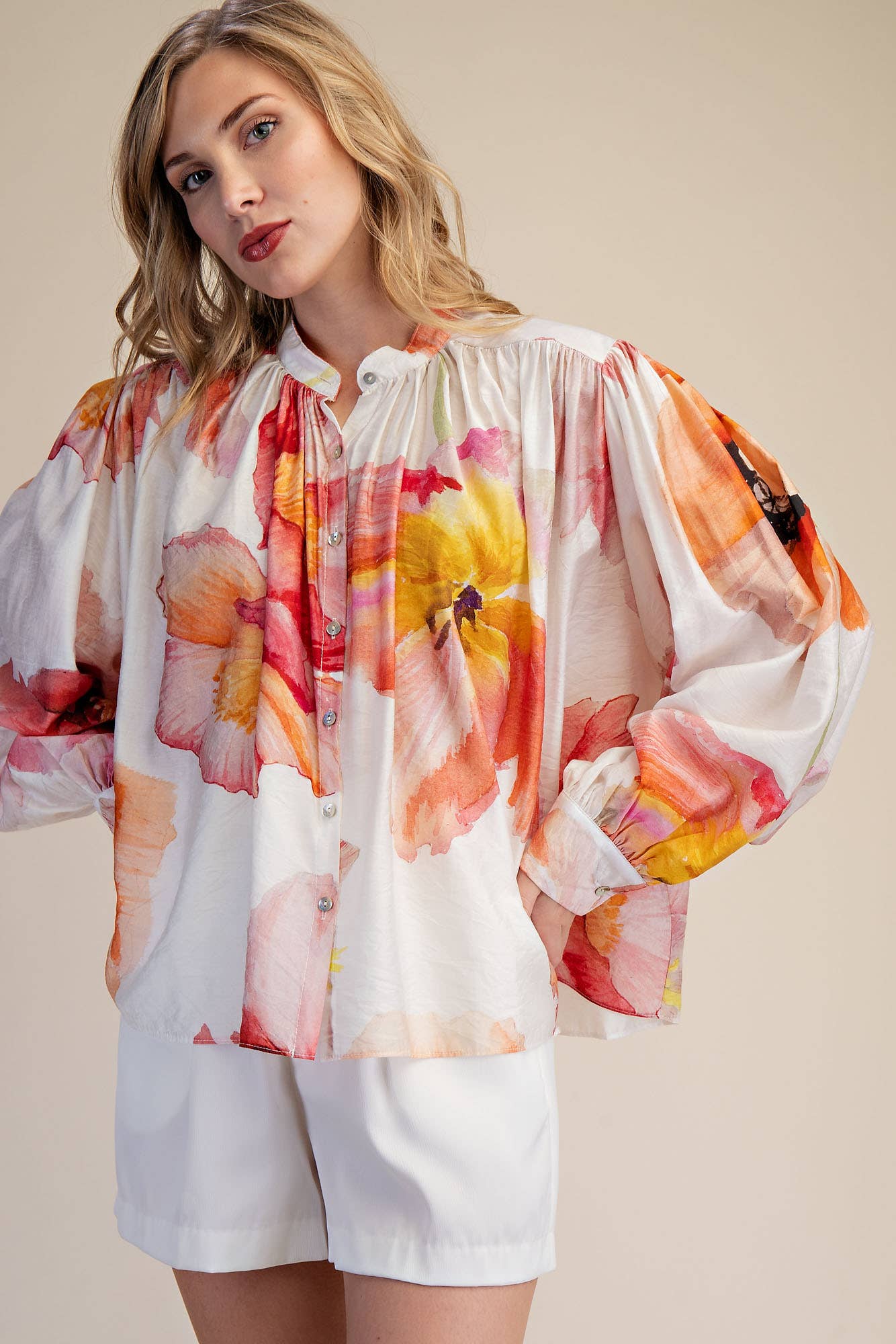 Neck Band Long Sleeve Voluminous Blouse