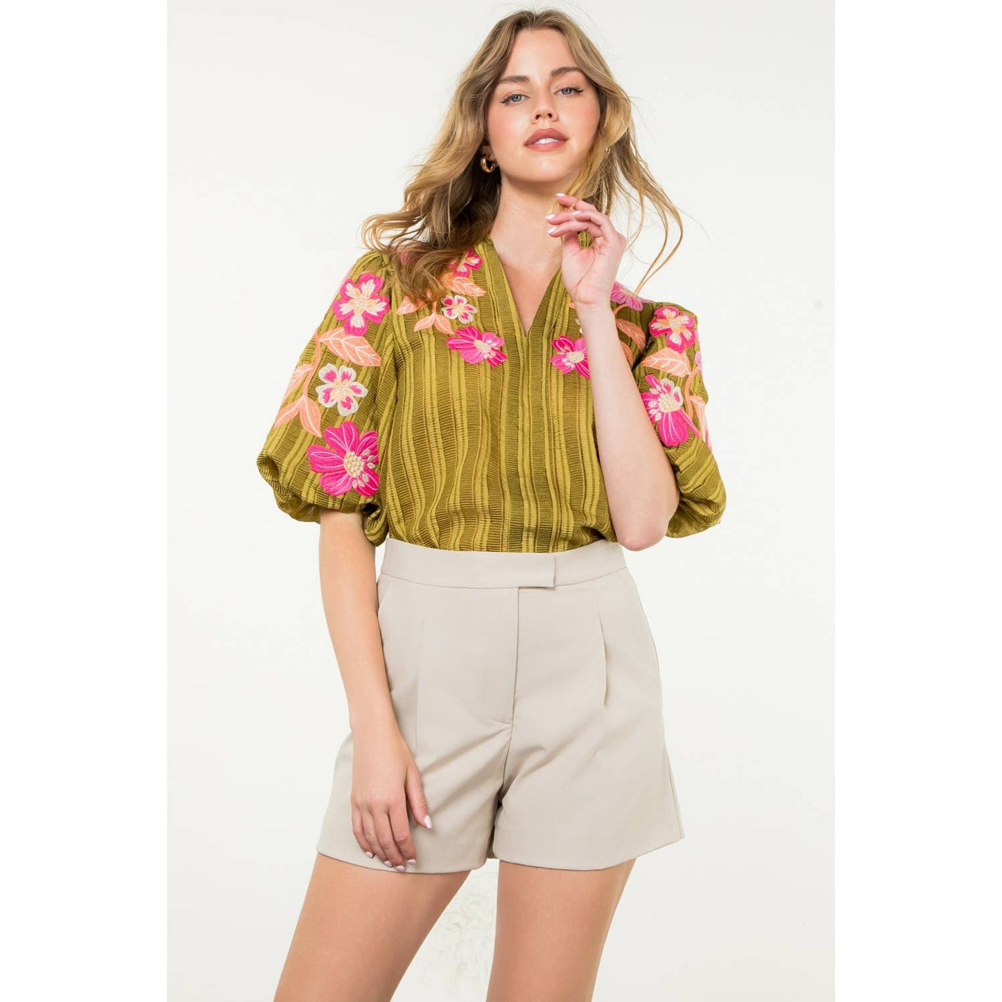 Embroidered Puff Sleeve Textured Top