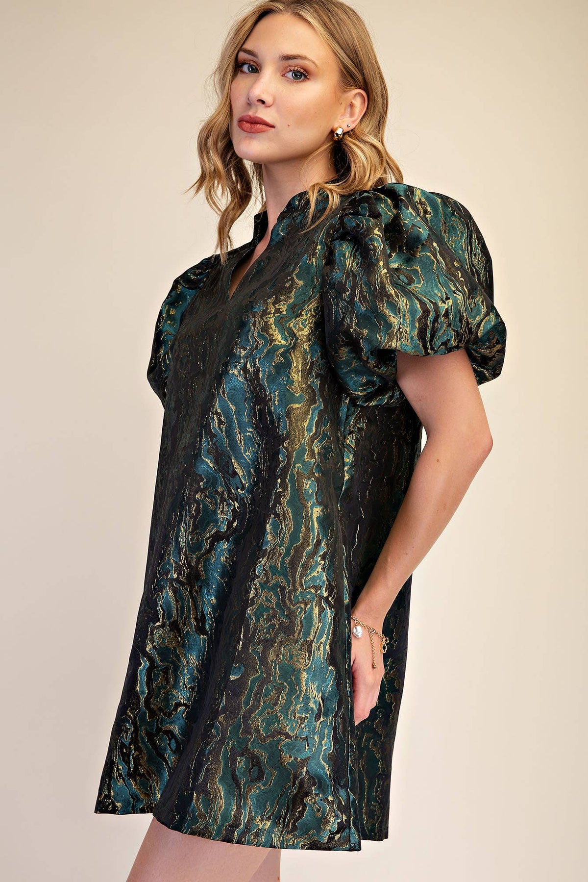 Metallic Jacquard Puff Sleeve Mini Holiday Dress