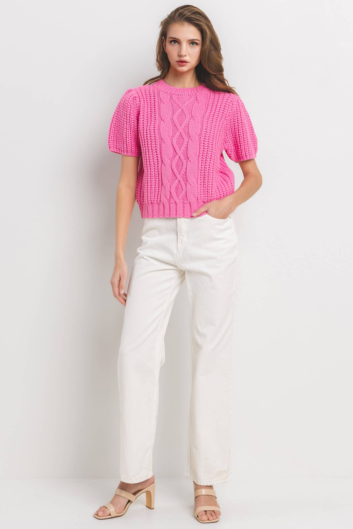 Puff Short Sleeve Cable Sweater Top / TIC13016