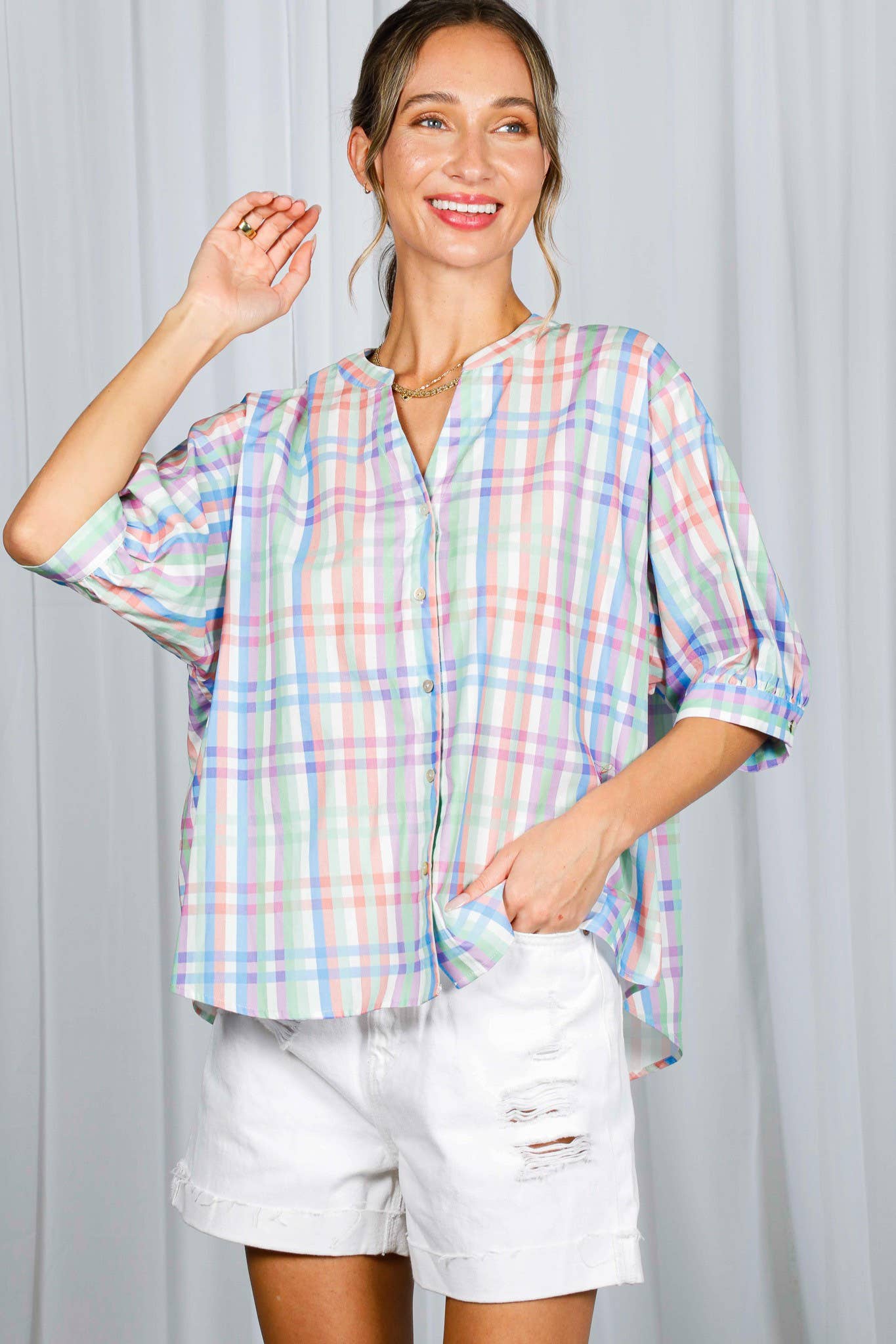 V-Neck Half Puff Sleeve Plaid 100%Cotton Blouse VT81945K