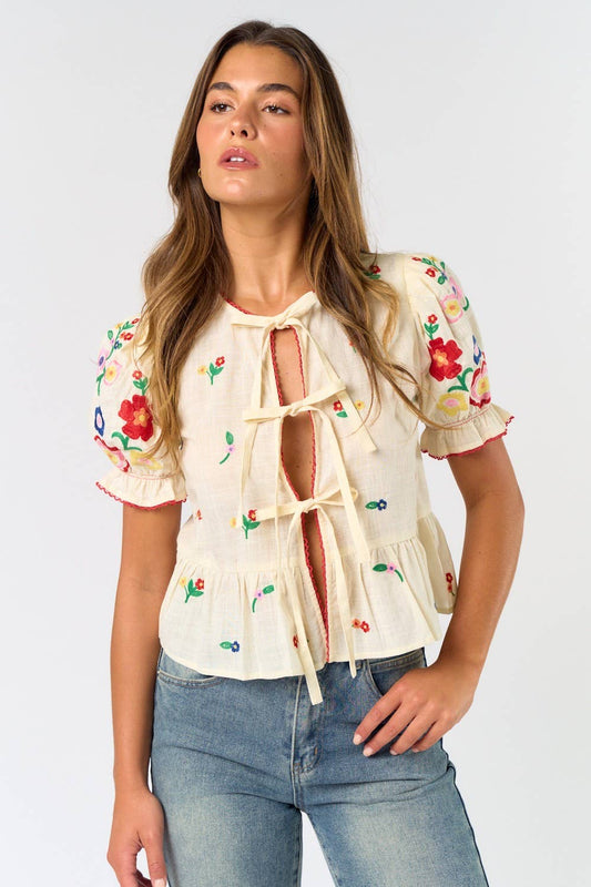 FRONT TIE COLORFUL EMBROIDERED SHORT SLEEVE TOP