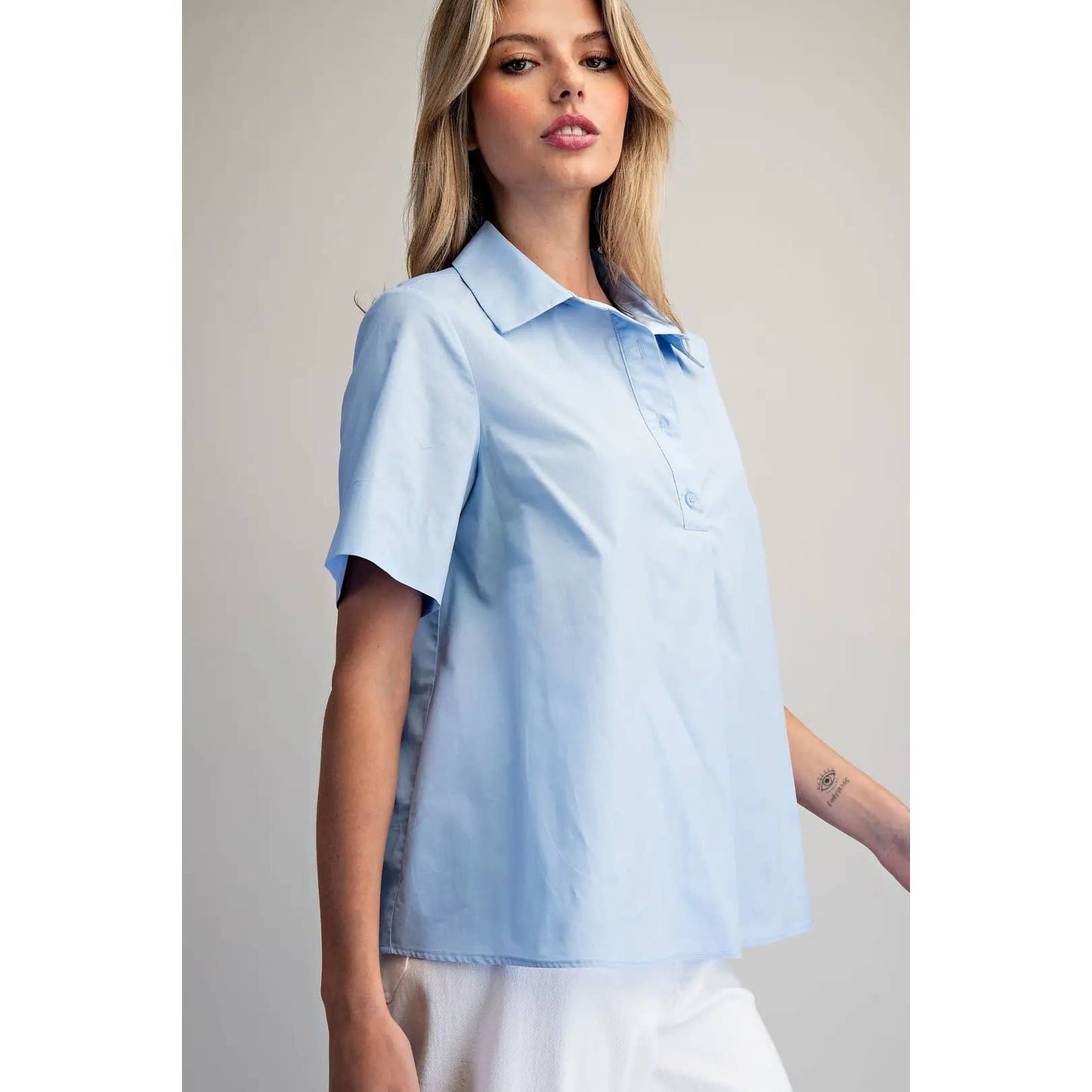 NEW Solid Collared Short Sleeve Blouse