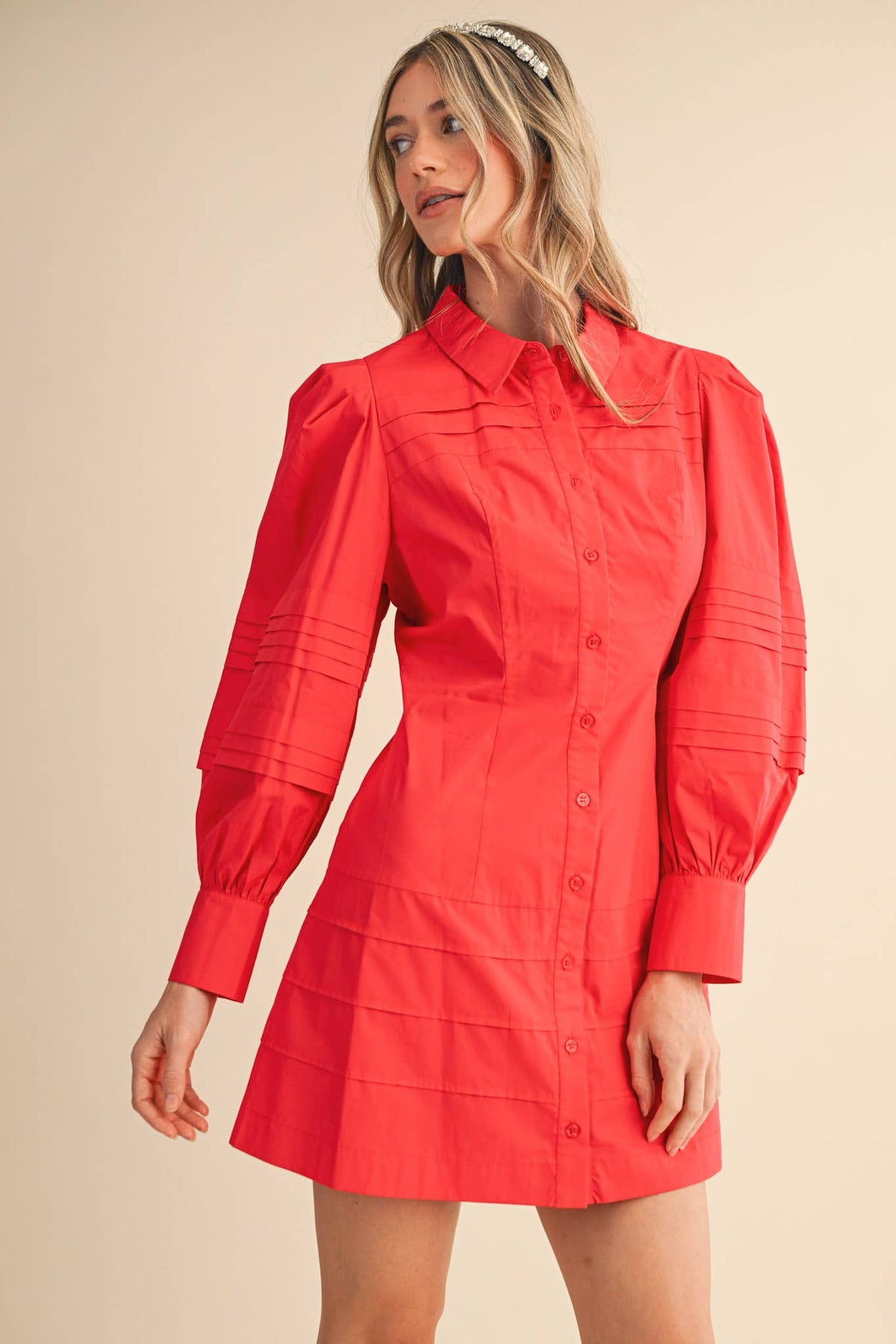 PIN TUCK DETAIL BUTTON DOWN MINI DRESS MDR4328