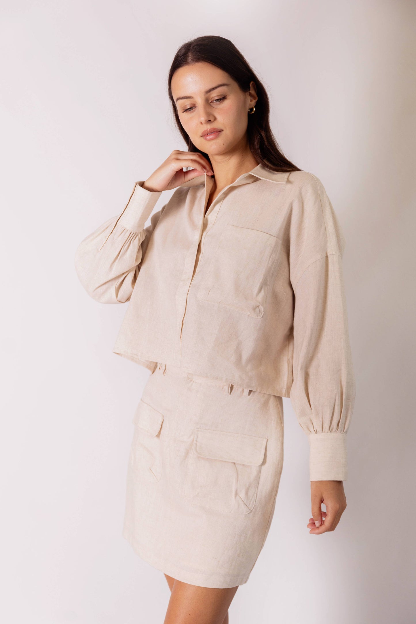 P.CILL 100% Linen Cropped Button Up Shirt