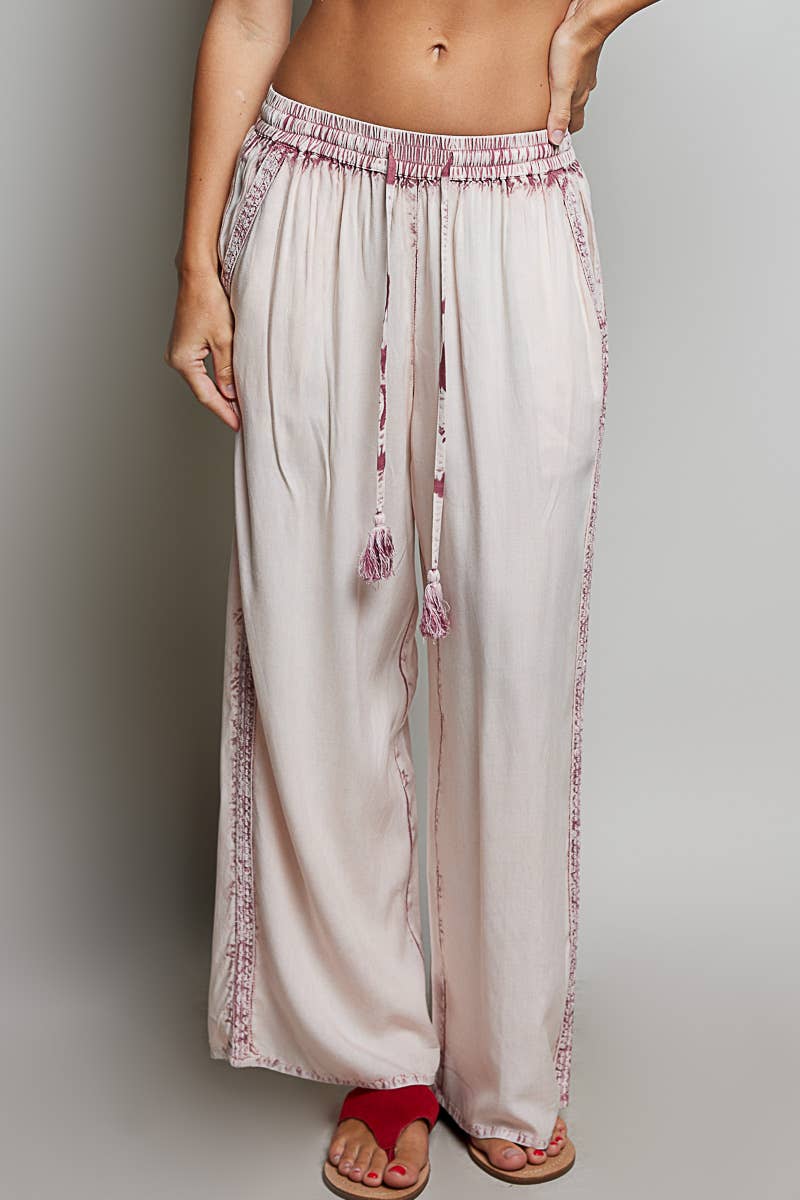 Vintage Washed Embroidered Trim Tassel Wide Leg Pants