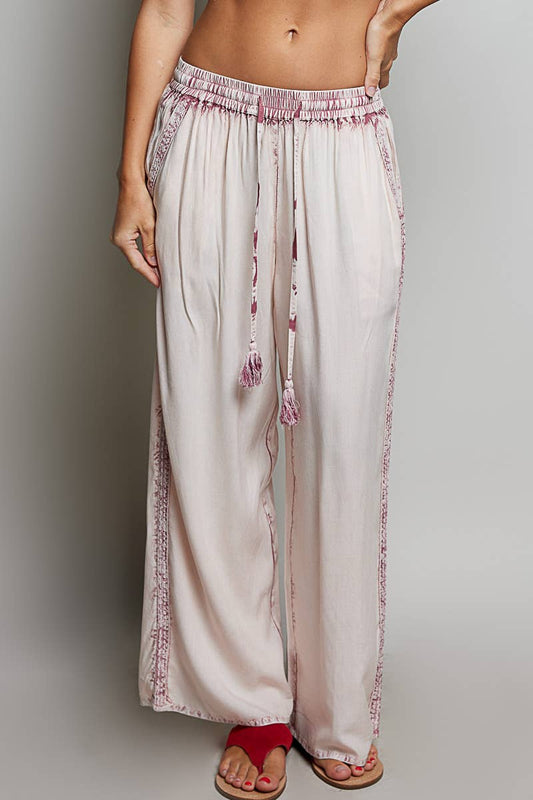 Vintage Washed Embroidered Trim Tassel Wide Leg Pants
