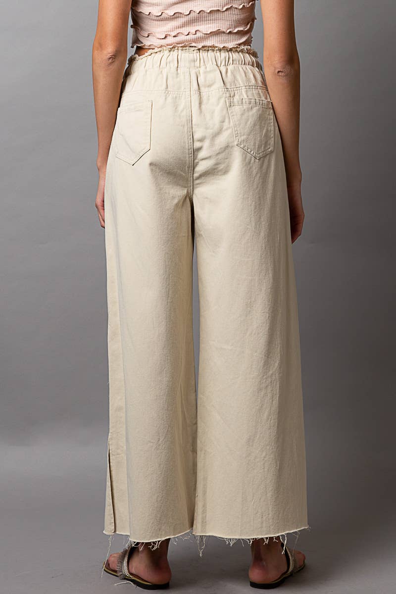 Wide Leg Drawstring Elastic Waist Distressed Denim Pants