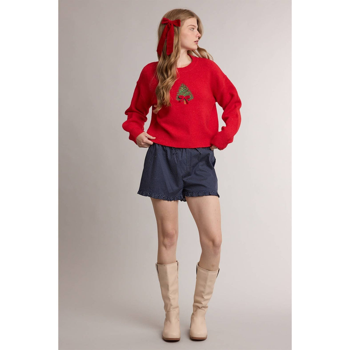 BOW CHRISTMAS TREE EMBROIDERED GRAPHIC SWEATER / WL26-13377