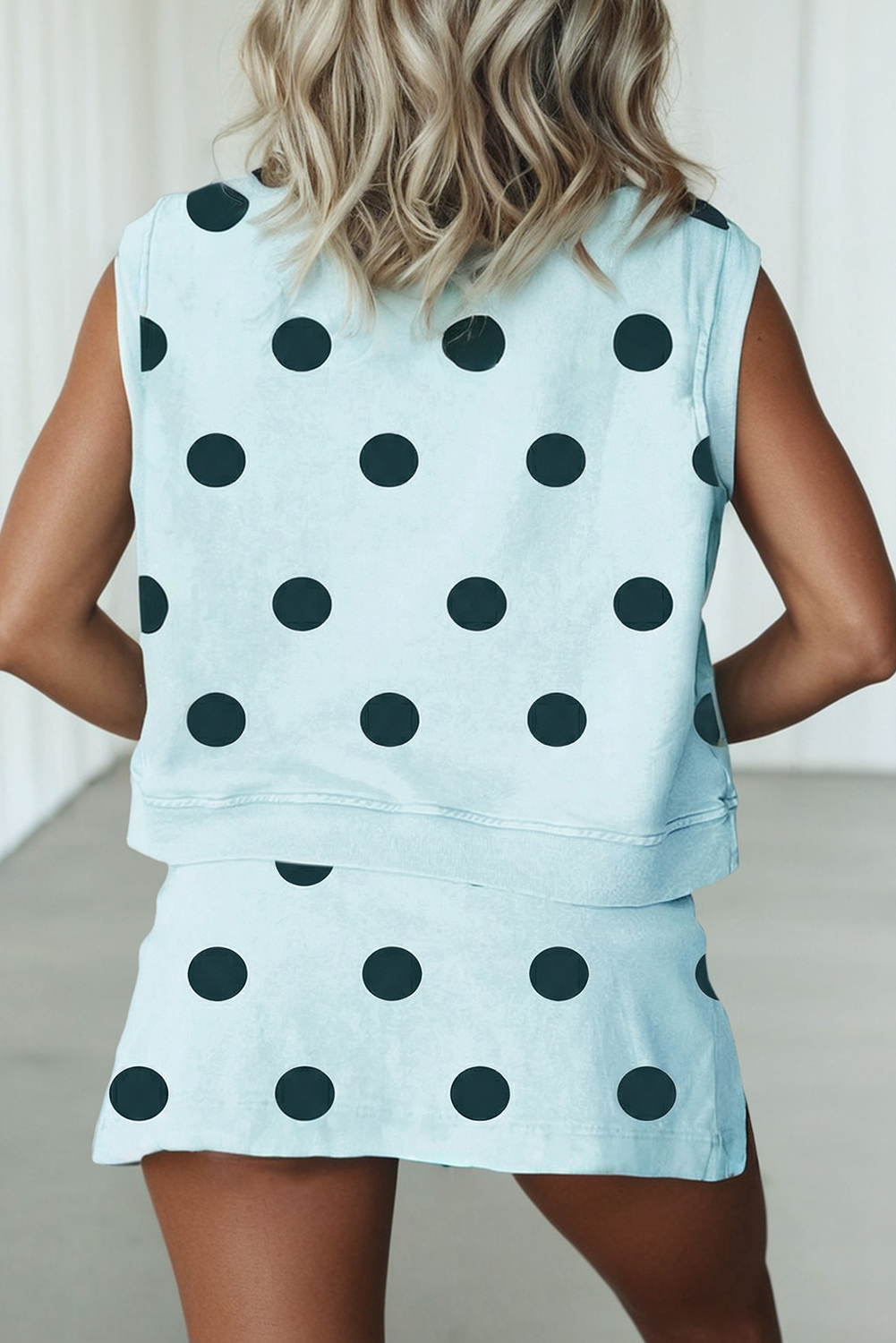 LAS Ribbed Trim Polka Dot Tank Split Mini Skort Set(S-4X)