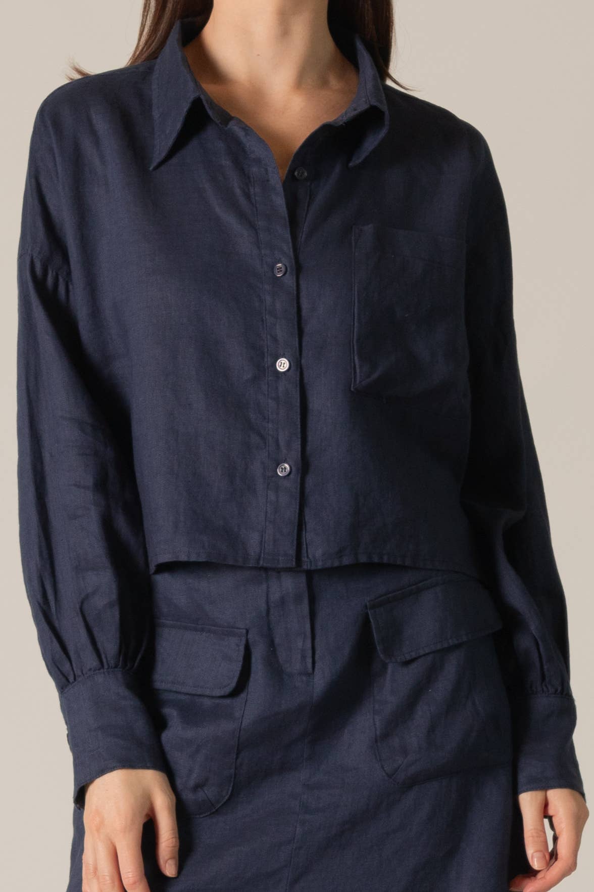 P.CILL 100% Linen Cropped Button Up Shirt