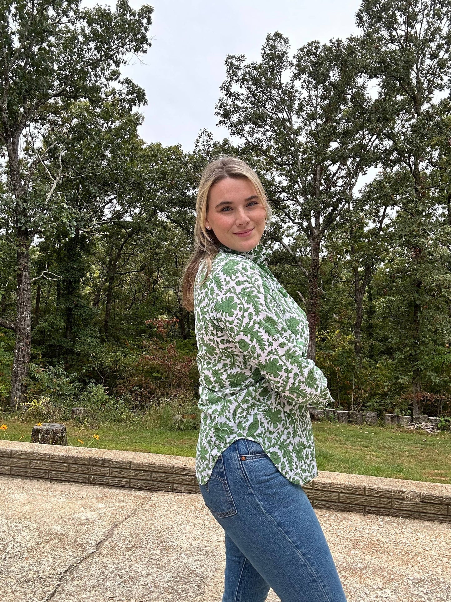 Peacock Block Print Ruffled Collared Womens Blouse