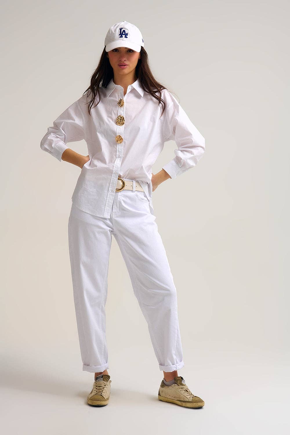 White relaxed poplin Cotton Shirt with Decorative Gold Buttons