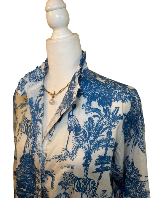 Jungle Toile Block Print Ruffled Collared Blouse