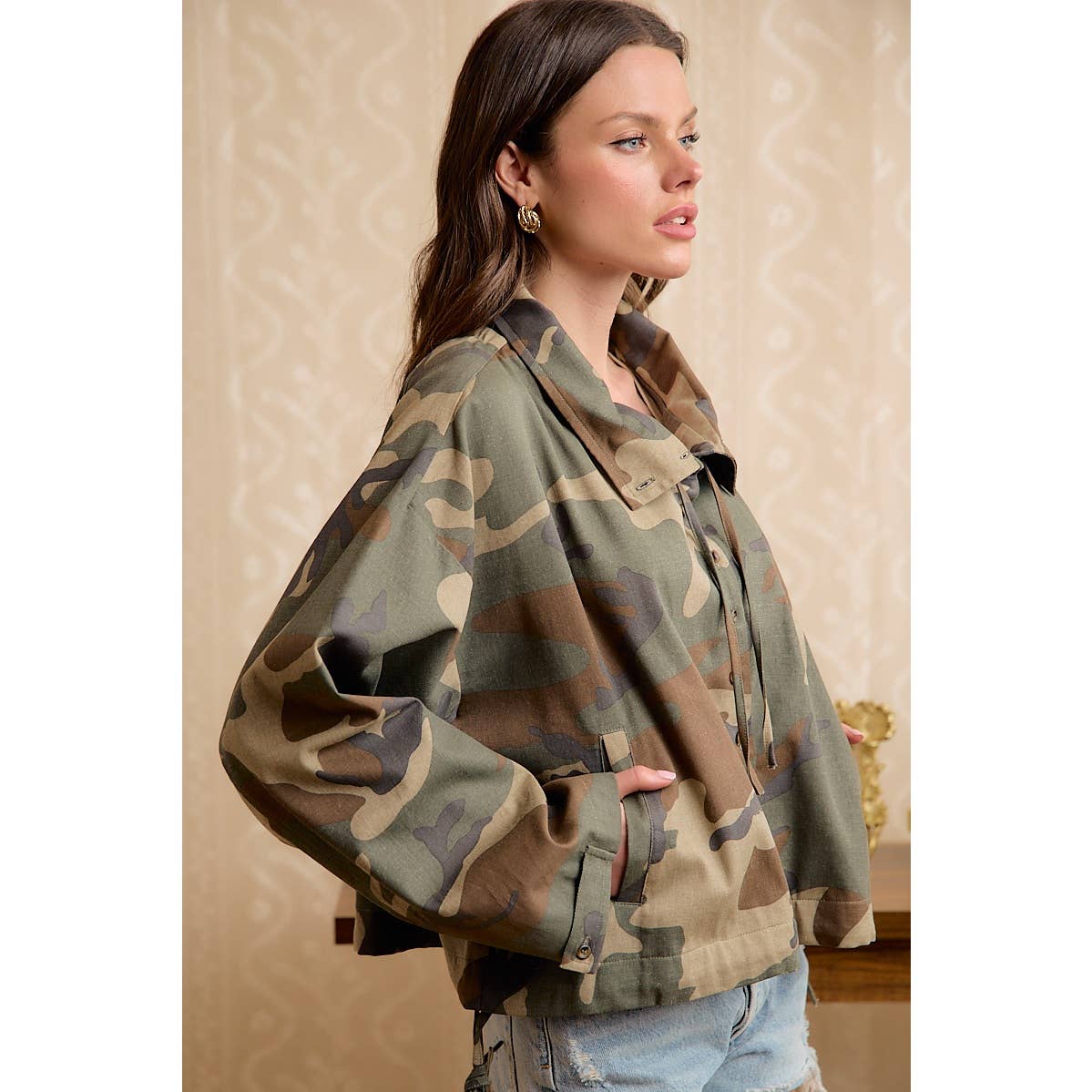 PRINTED HOODED WINDBREAKER JACKET TOP