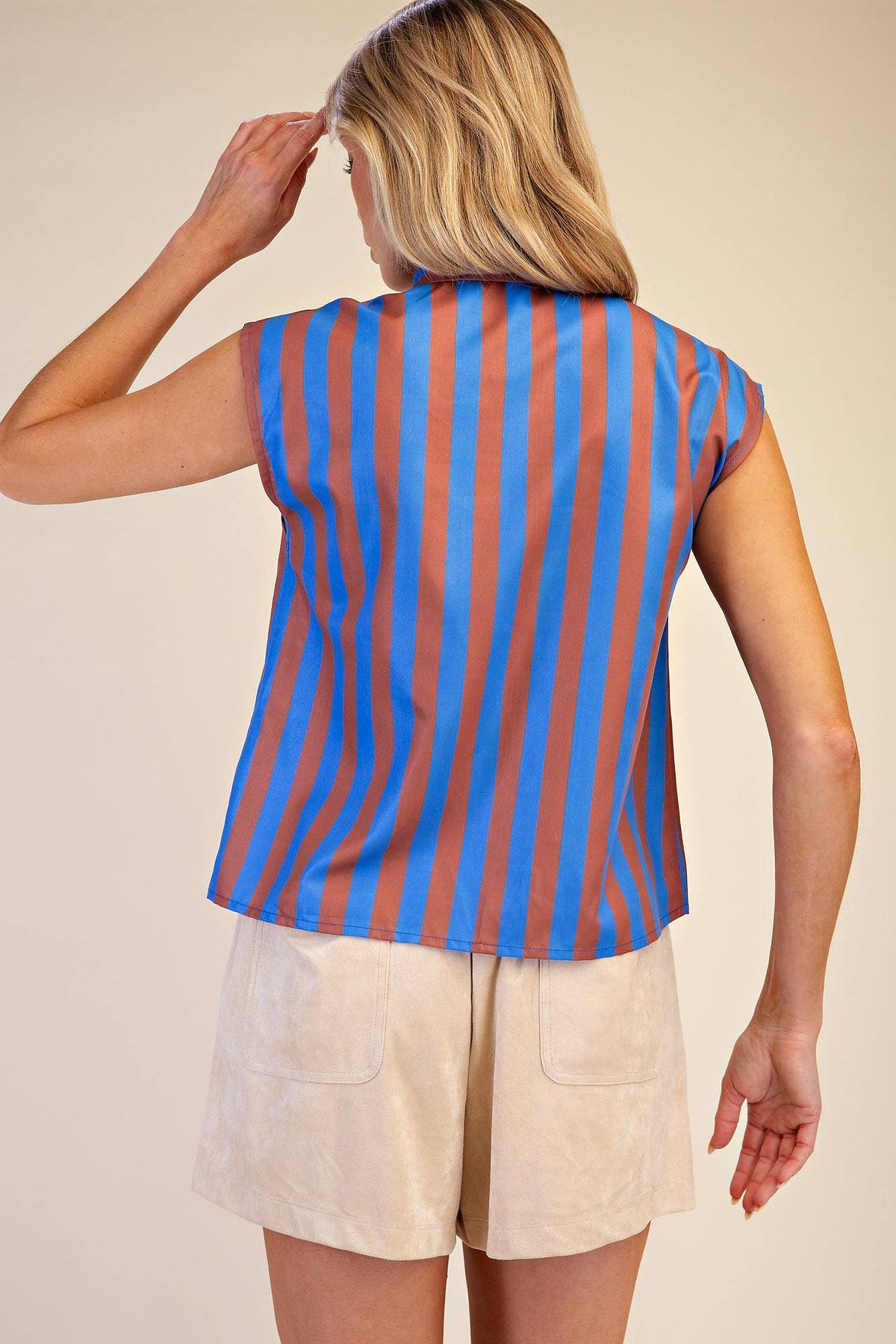 Bow Neck Sleeveless Stripe Shirt