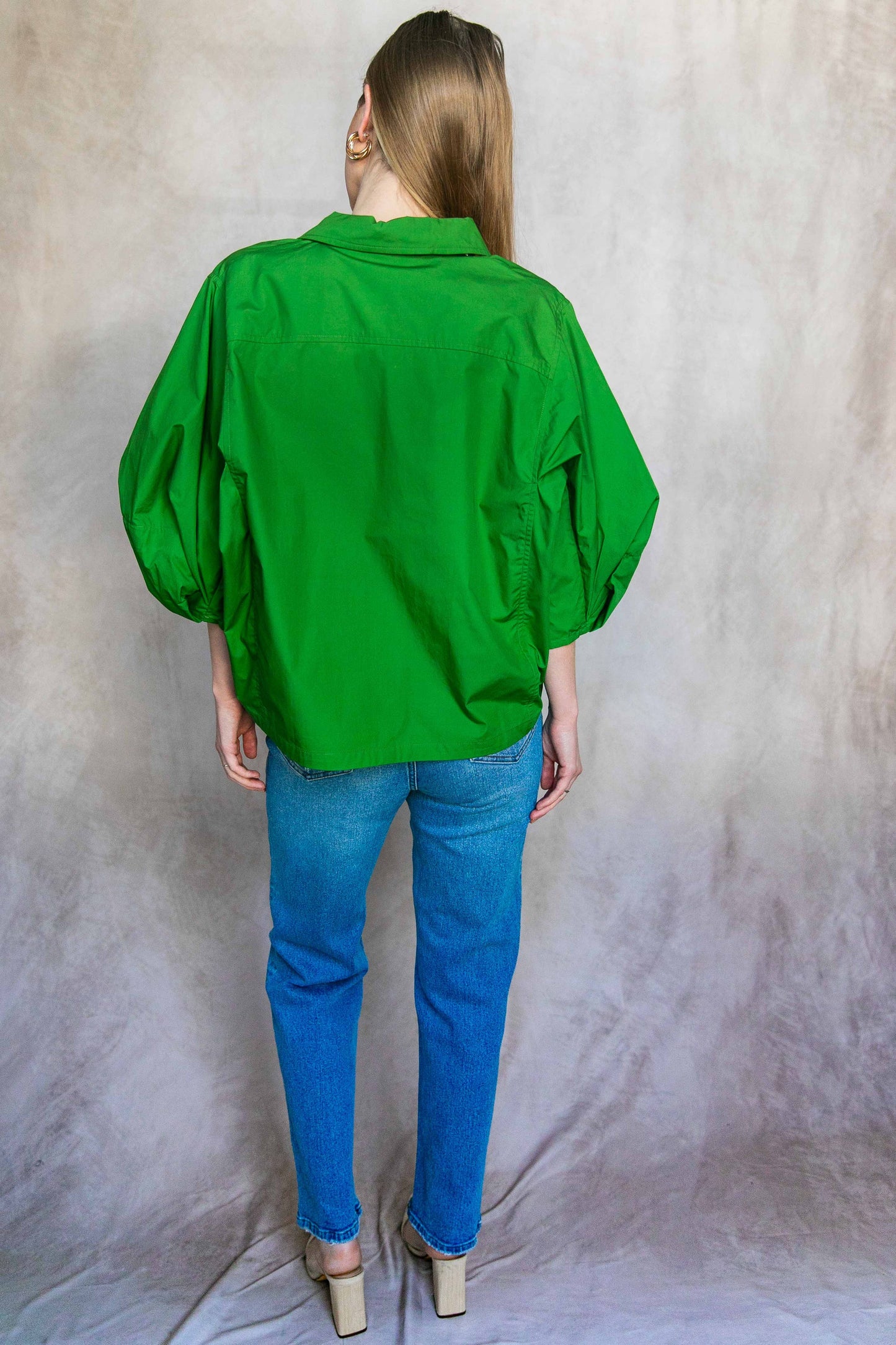 Poplin Bishop Sleeve Button Up Shirt