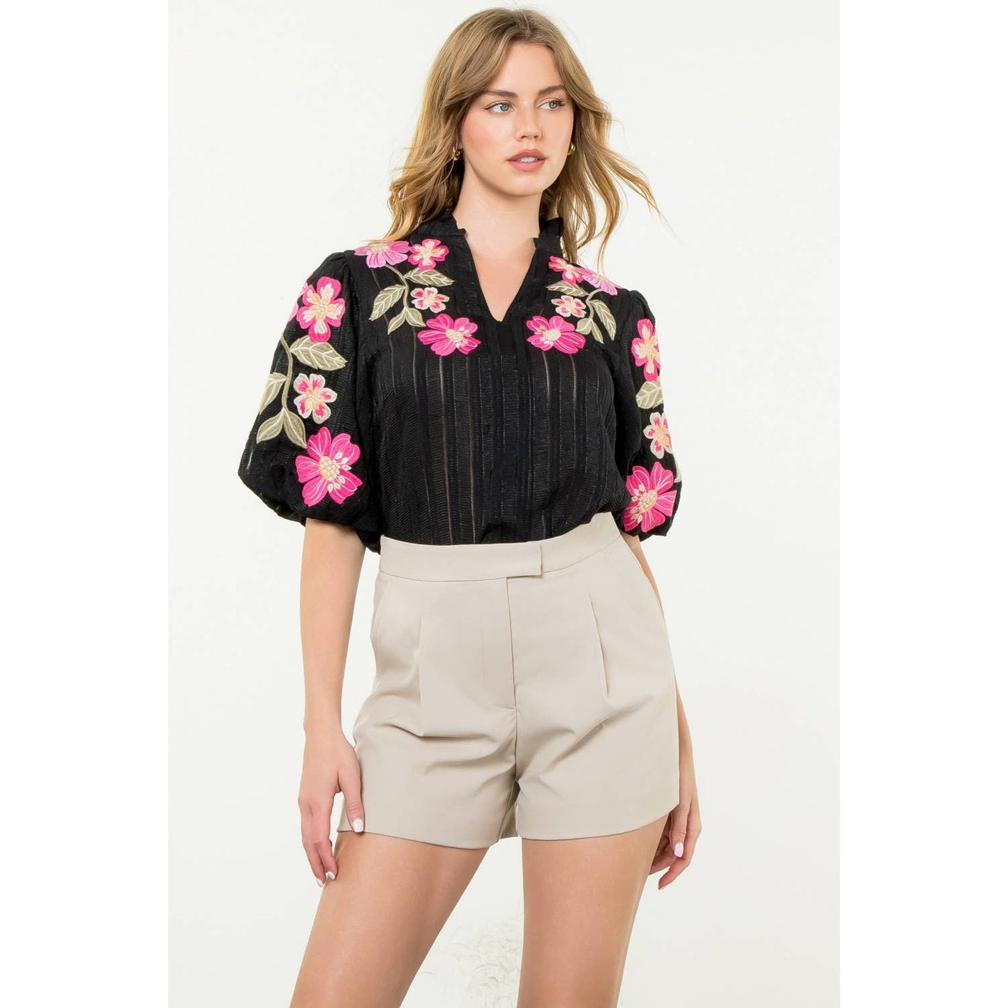 Embroidered Puff Sleeve Textured Top