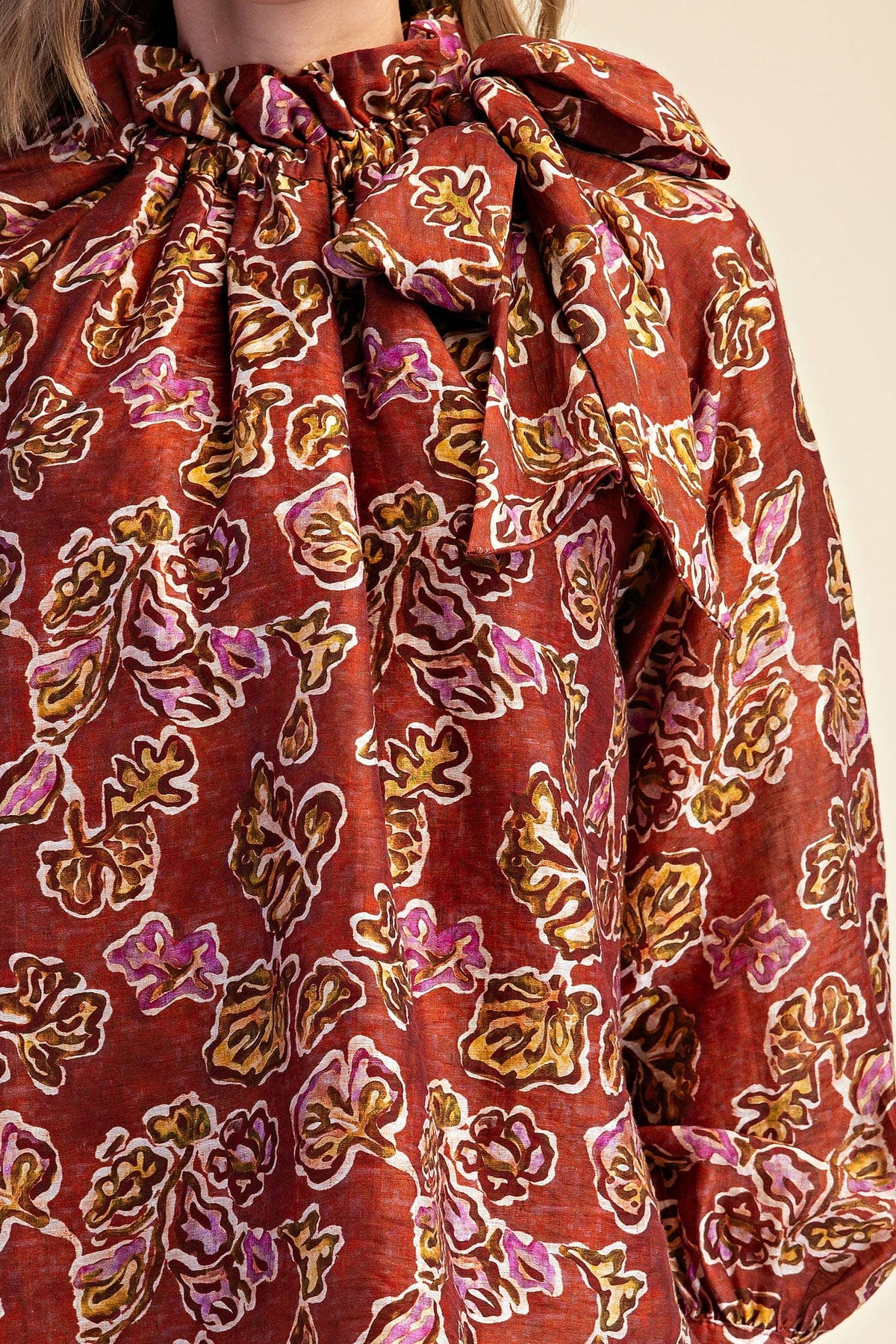 Ruffle Tie Neck Long Sleeve Print Blouse