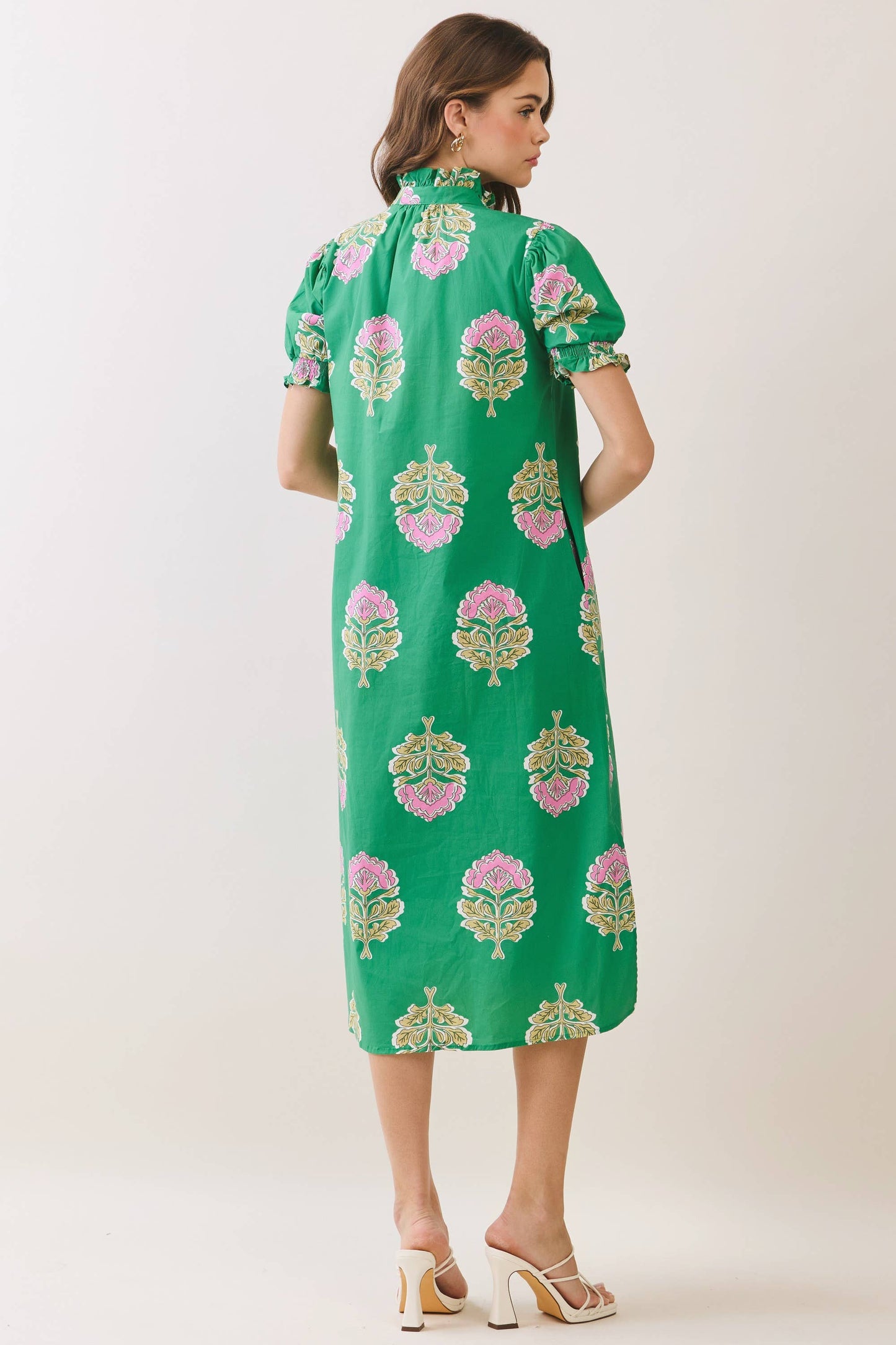 CD06970-Floral Print Ruffle Collar Button Down Midi Dress