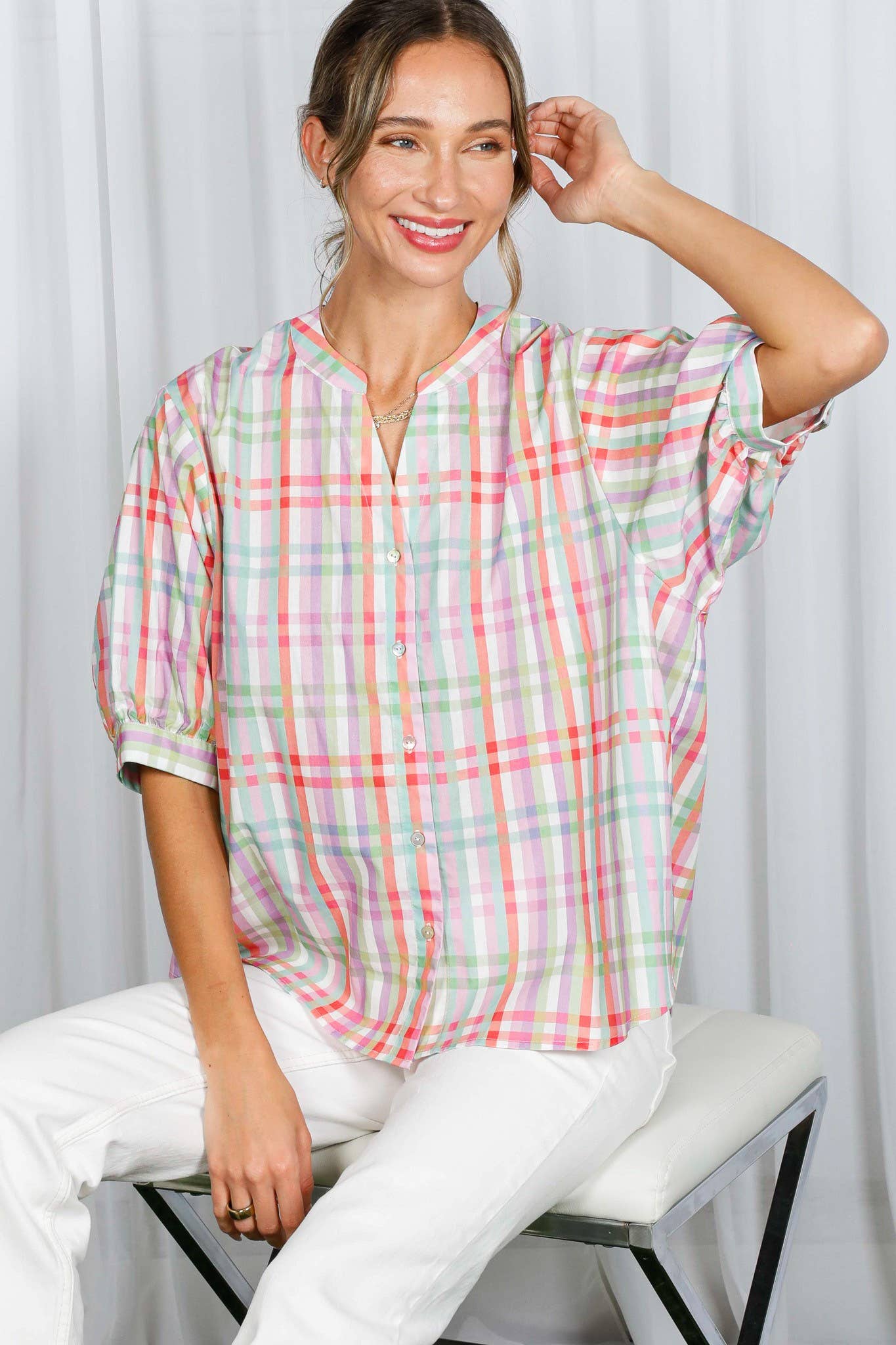 V-Neck Half Puff Sleeve Plaid 100%Cotton Blouse VT81945K