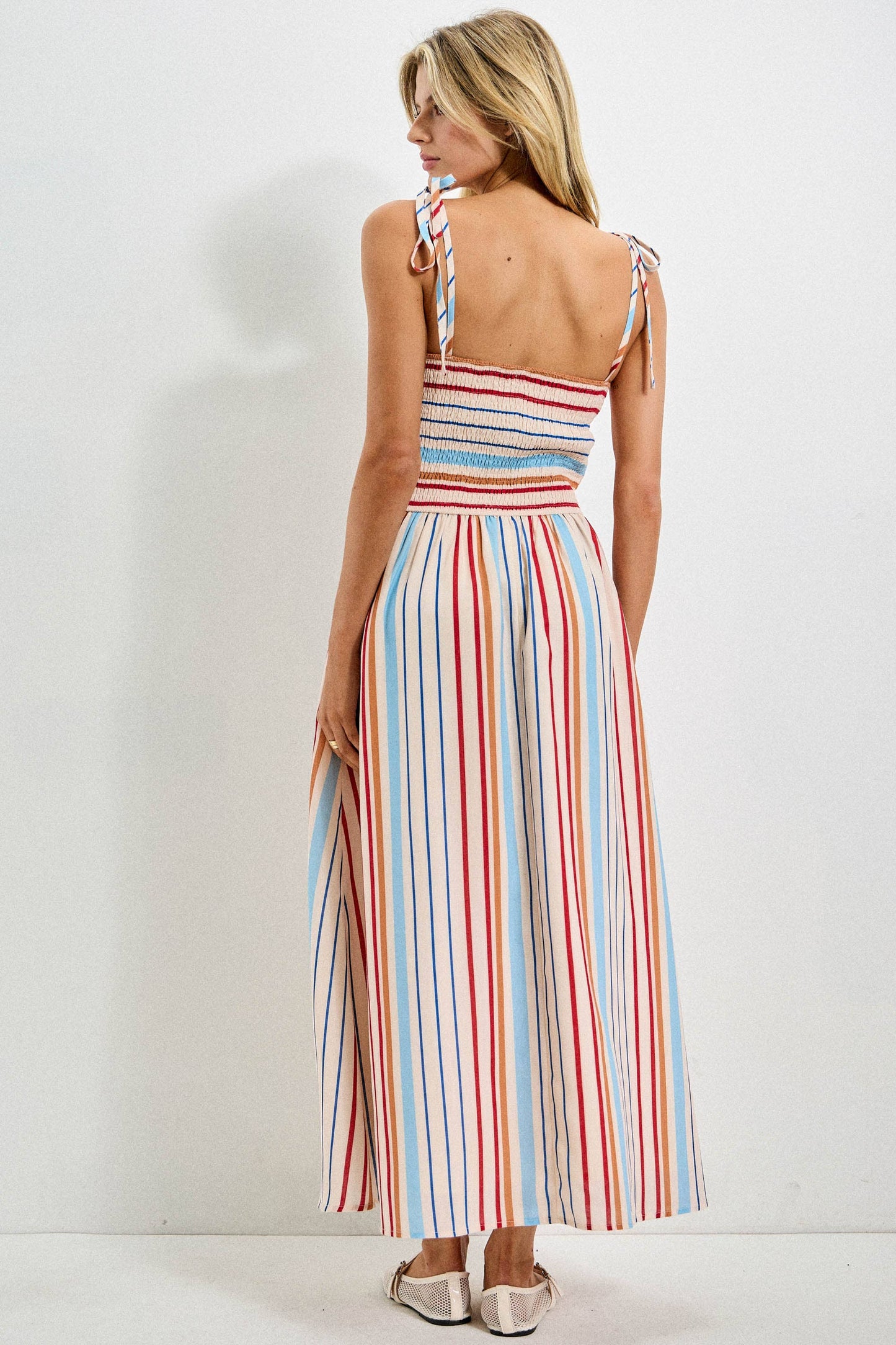 STRIPED SPAGHETTI STRAP MIDI DRESS