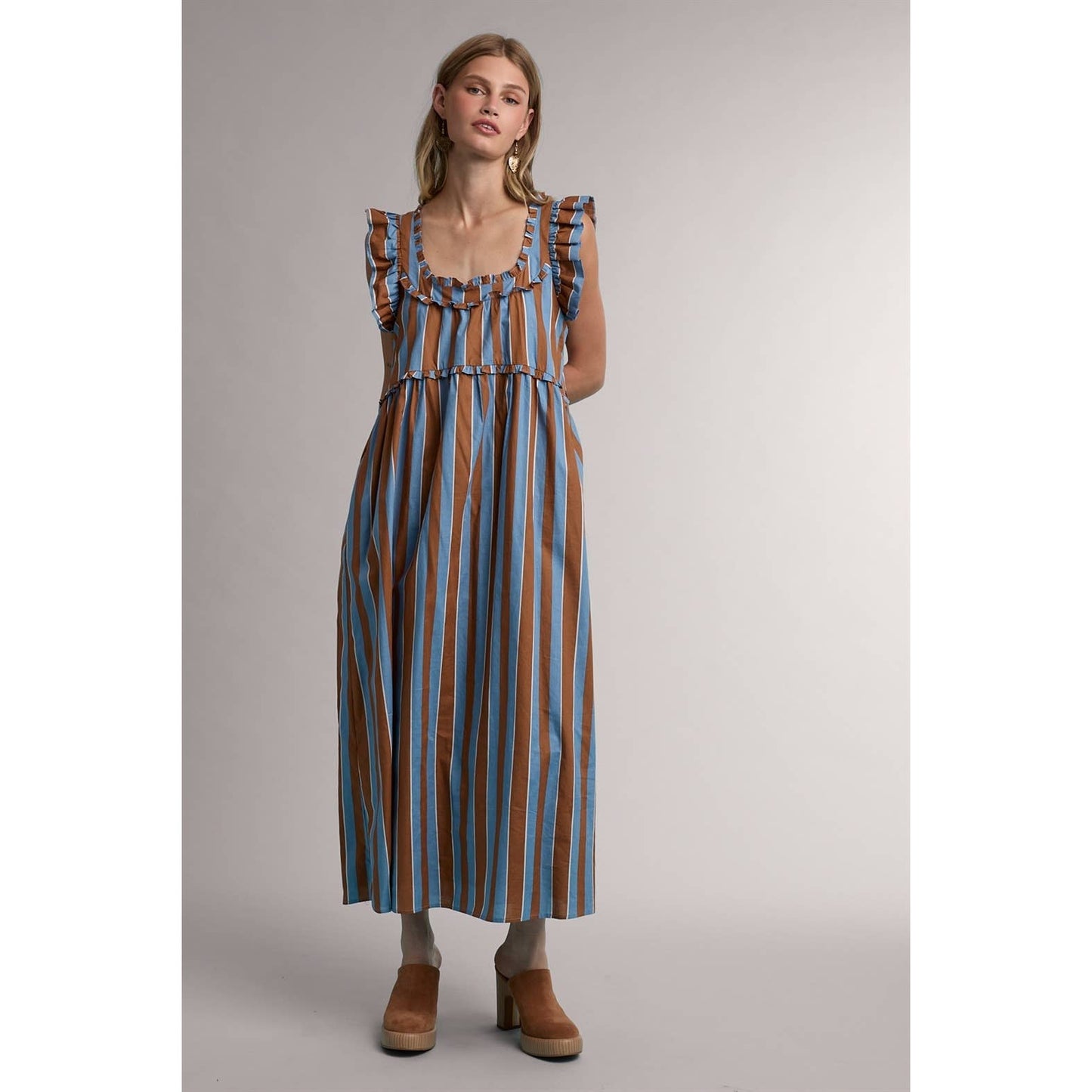 STRIPED RUFFLE DETAIL MIDI DRESS / WL25-12463