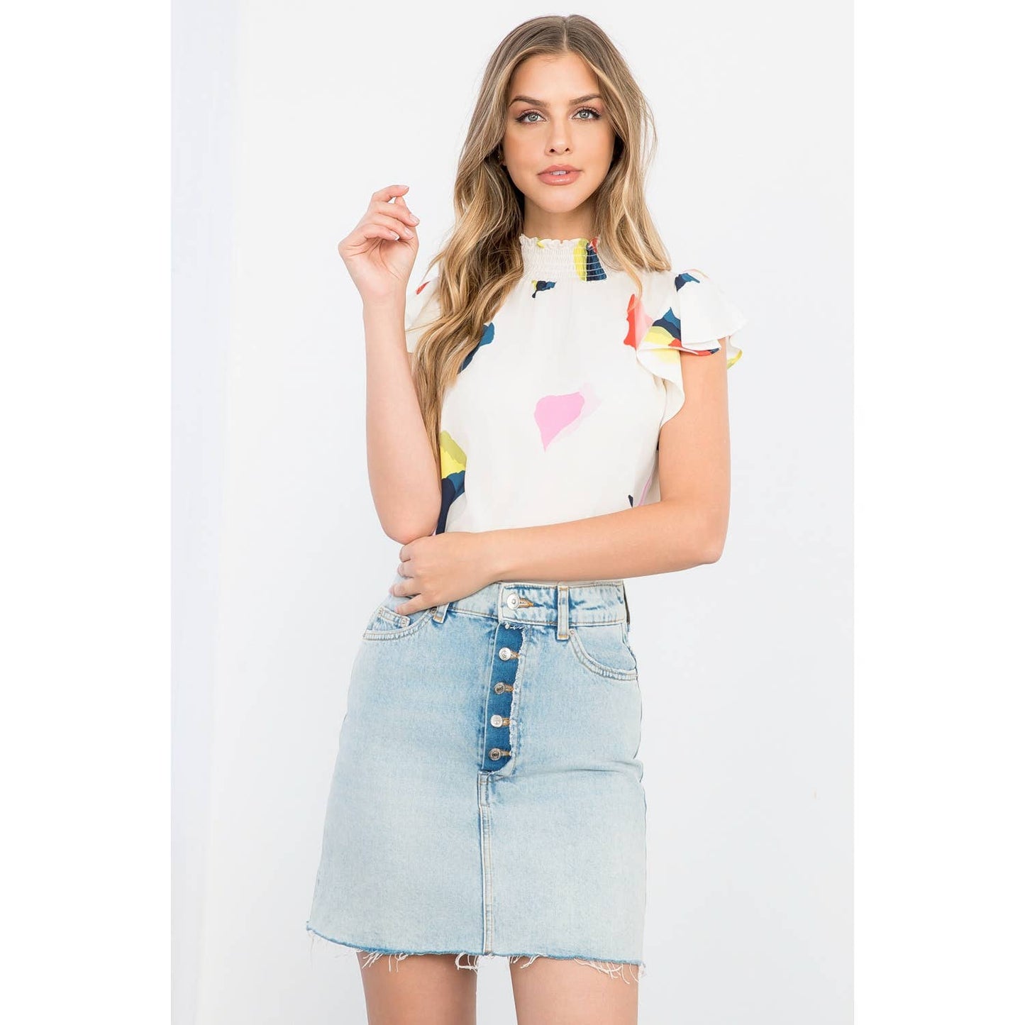 Flutter Sleeve Smocked Neck Top