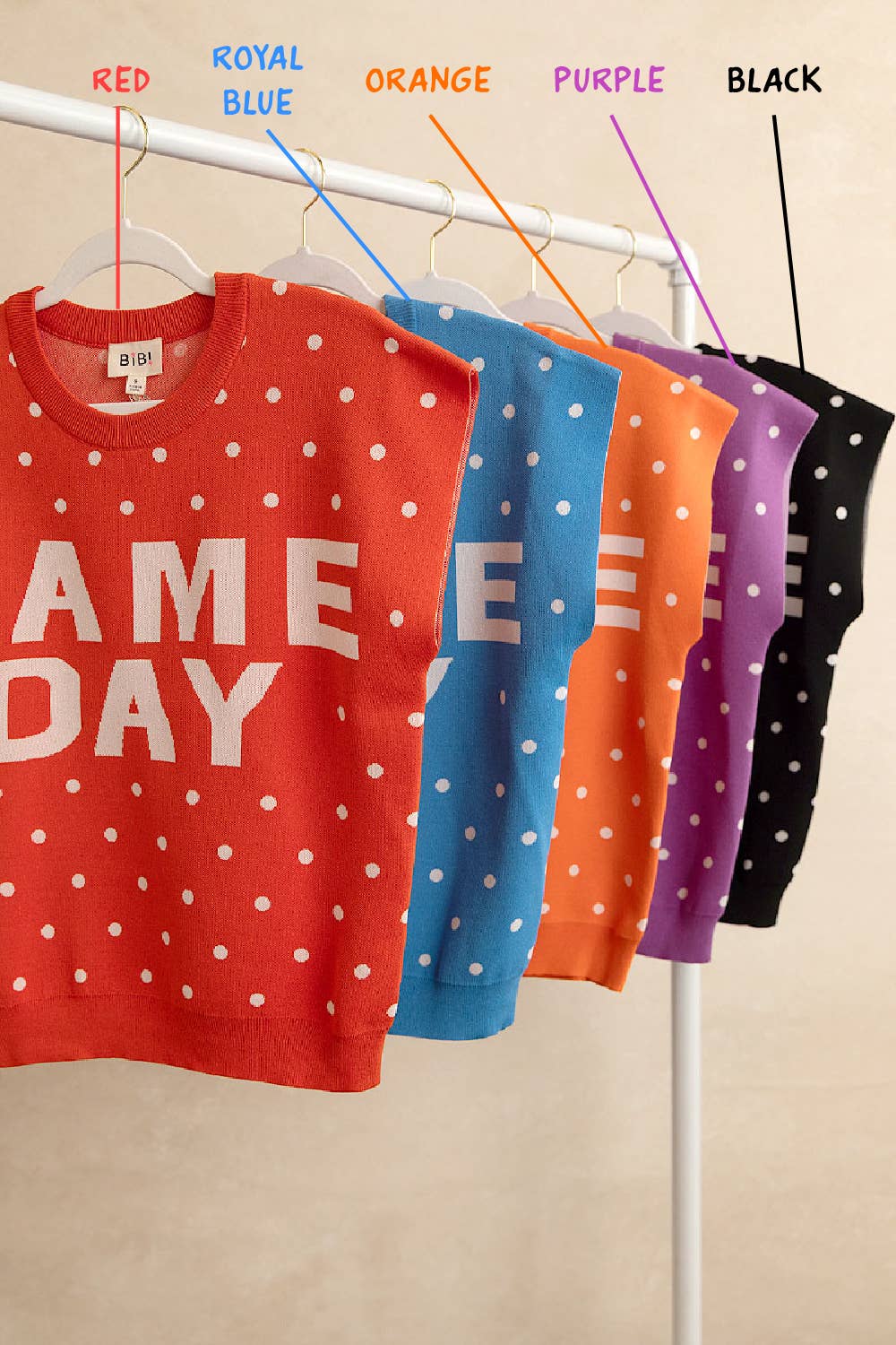 GAMEDAY LETTER AND POLKA DOTS SLEEVELESS KNIT TOP
