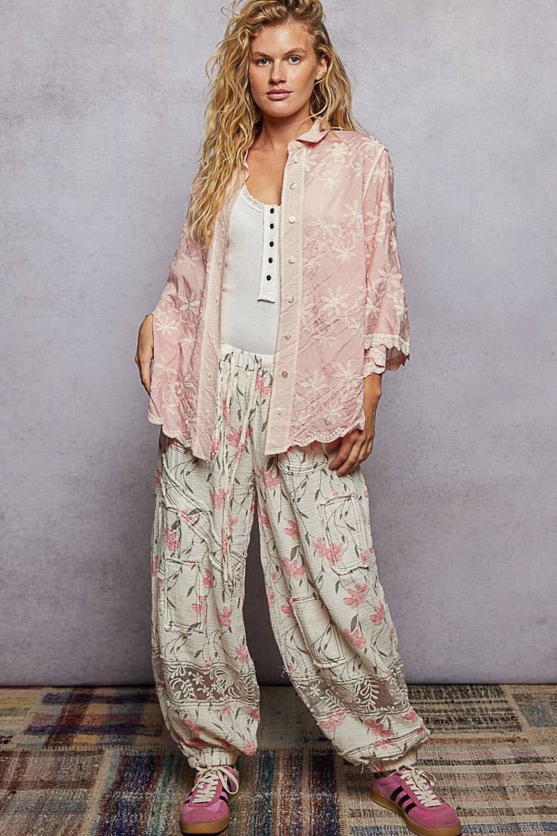 Scalloped Edges Embroidered Floral Half Sleeve Shirt