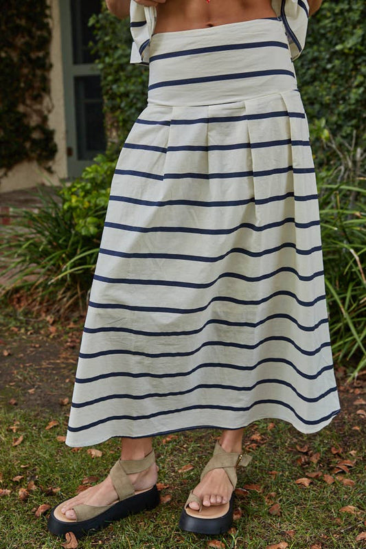 L9538B | Woven Cotton Striped Back Smocking Flare Midi Skirt