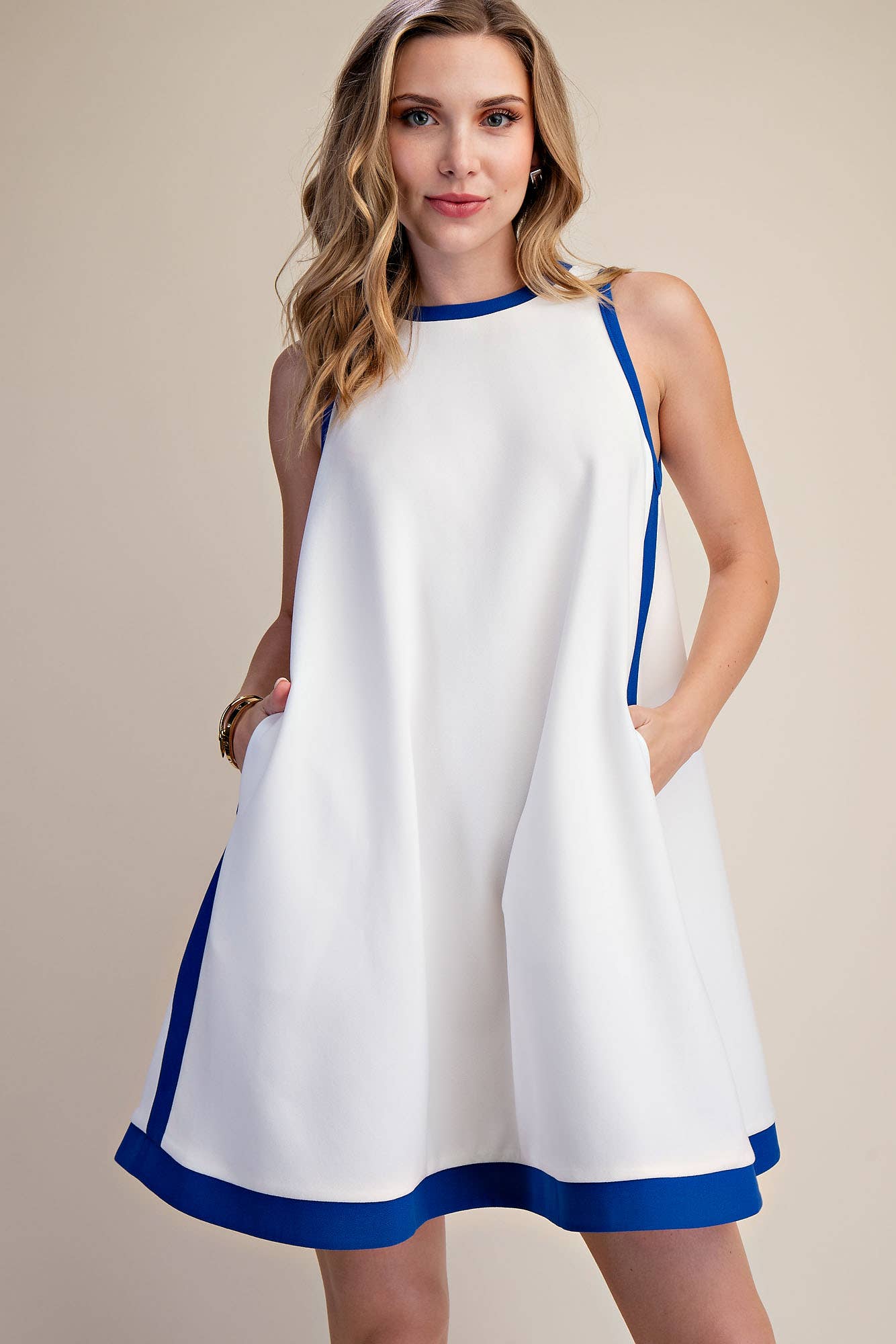 A-line Sleeveless Mini Dress With Round Neck Hem Contrast