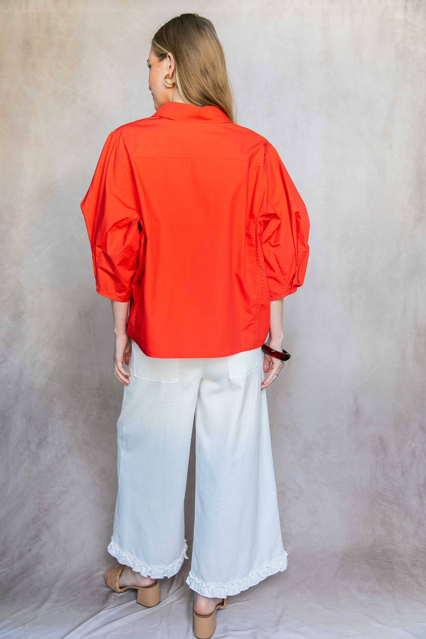 Poplin Bishop Sleeve Button Up Shirt