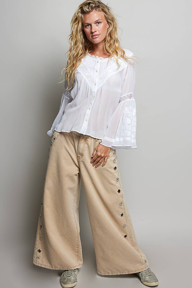 Vintage Washed Ruffle Neck Embroidered Cotton Blouse