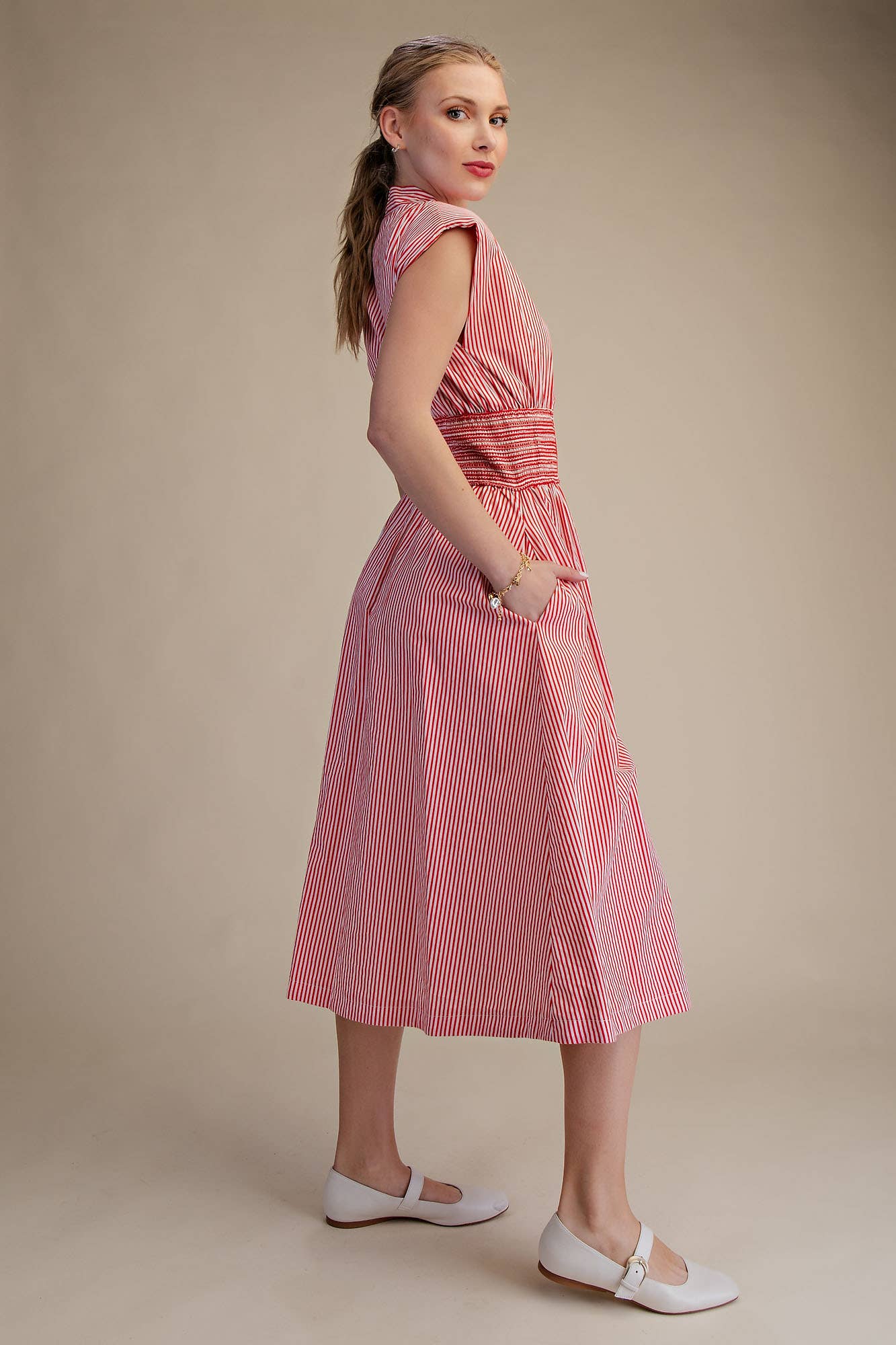 V-Neck Front Zip Waist Smocked Casual Midi Dress