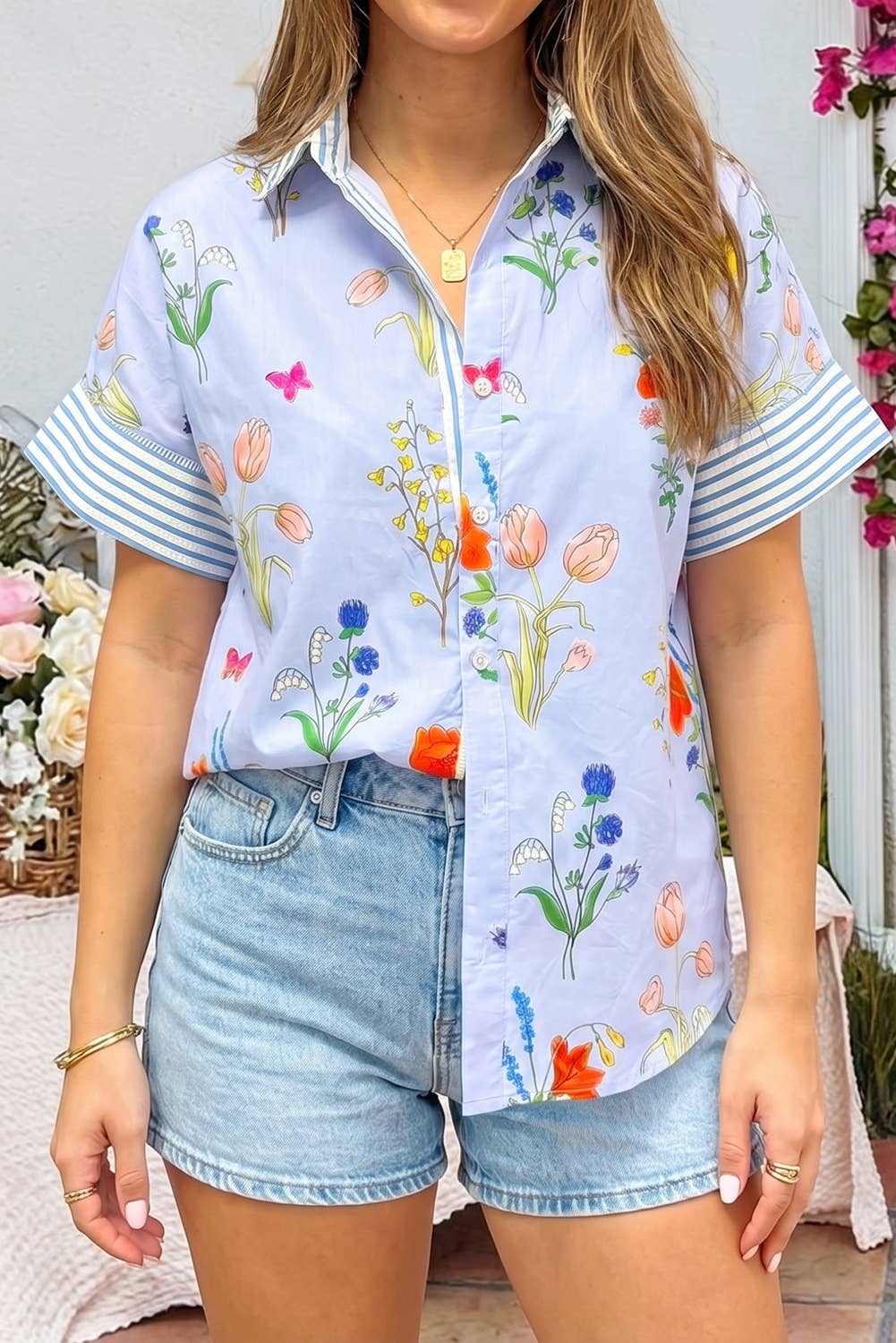 Floral Striped Patchwork Ruffled Collar Short Sleeve Shirt