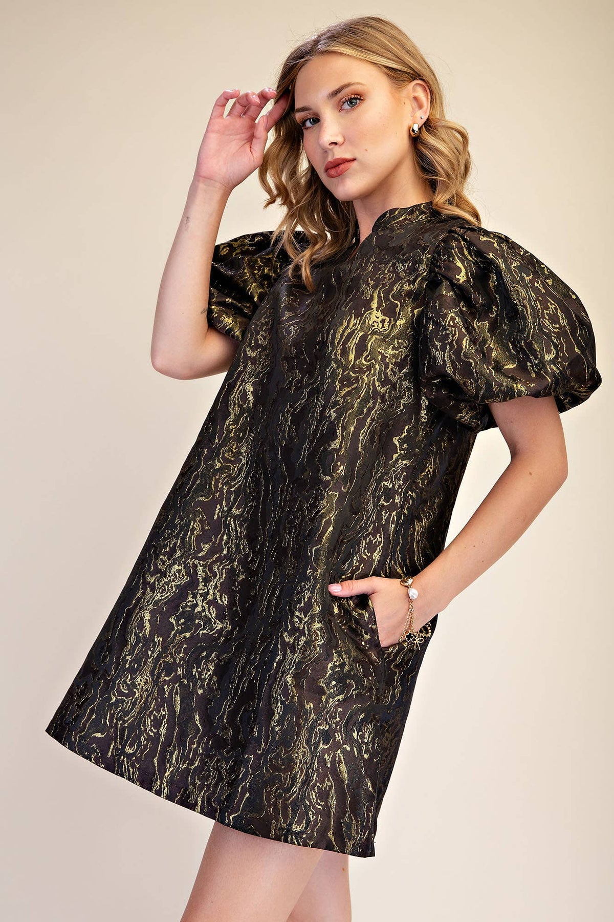 Metallic Jacquard Puff Sleeve Mini Holiday Dress