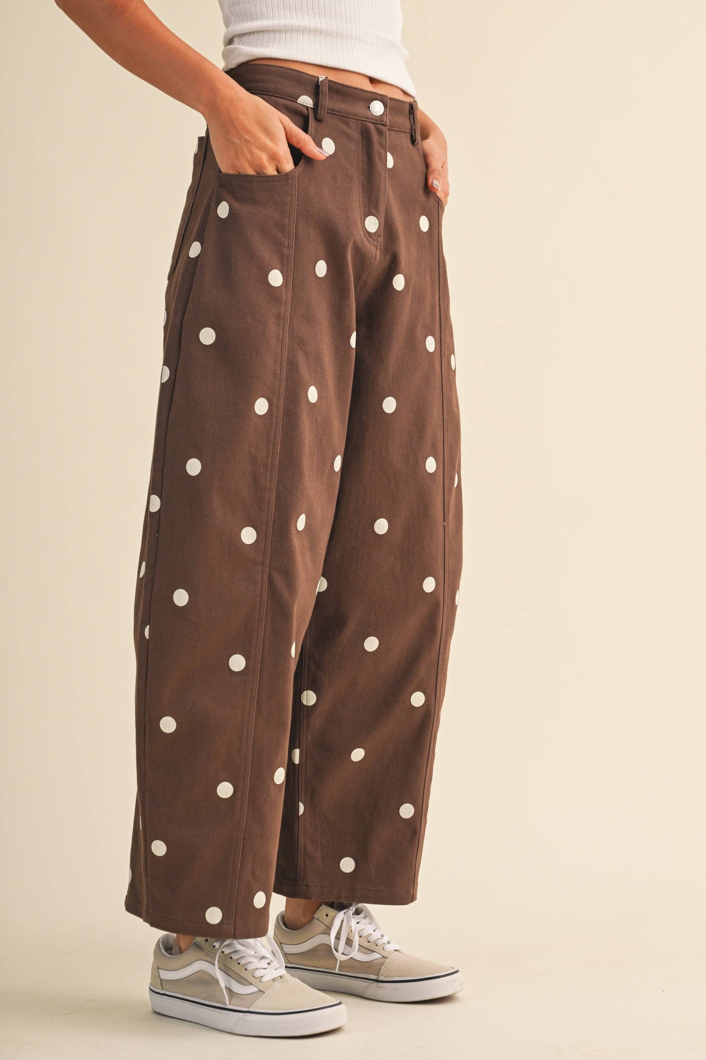 IP1390-C  POLKADOT STRETCH TWILL MID WAIST BARREL PANTS