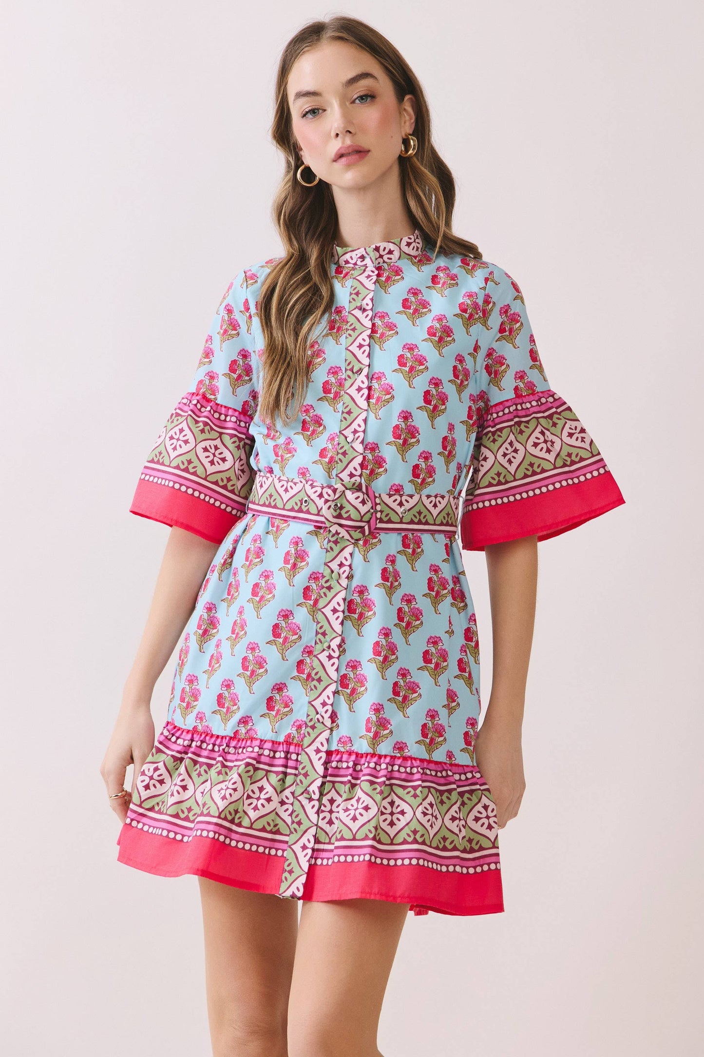 CD06716-Printed Belted Mini Dress with Contrast Border