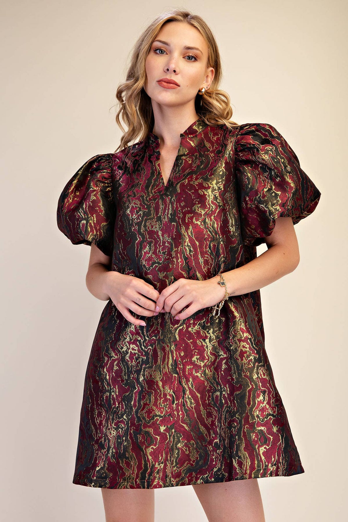 Metallic Jacquard Puff Sleeve Mini Holiday Dress