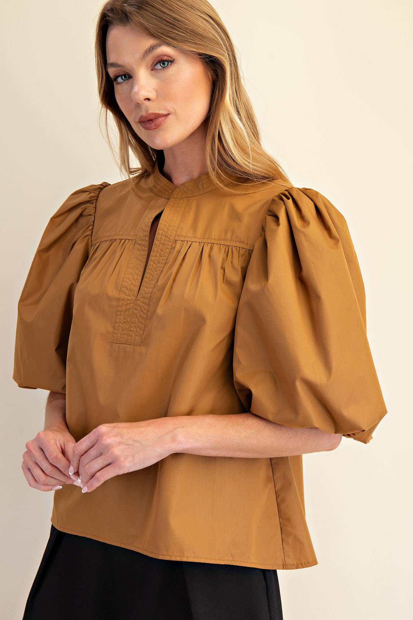 Mandarin Collar V-Neck Bubble Sleeve Poplin Top